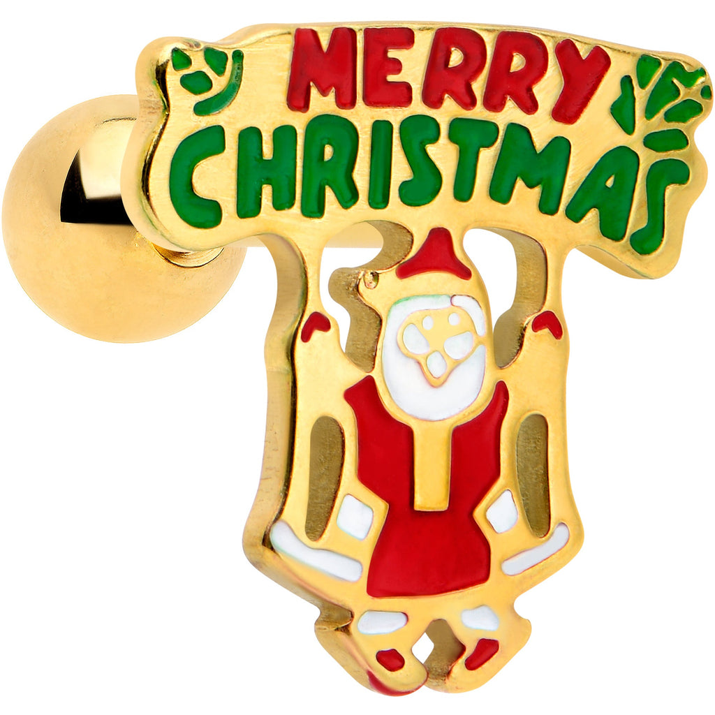 16G 1/4 Gold Tone Merry Christmas Santa Inlay Cartilage Earring