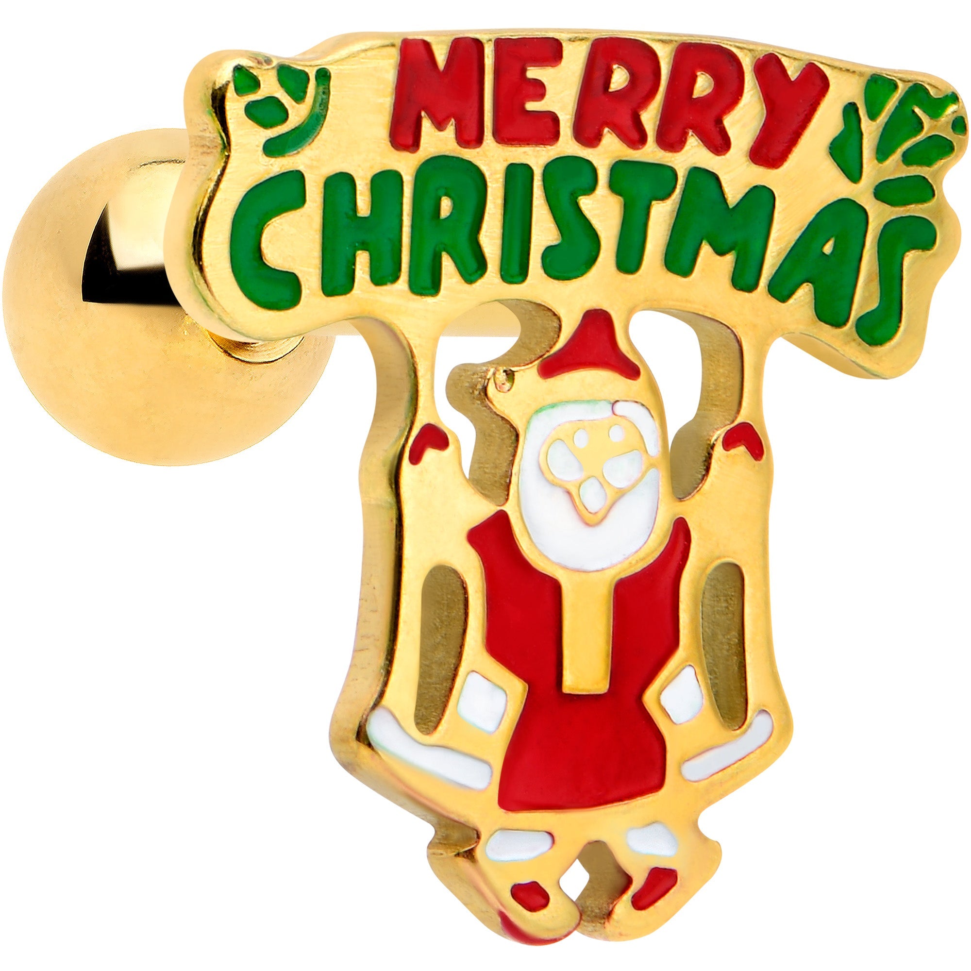 16G 1/4 Gold Tone Merry Christmas Santa Inlay Cartilage Earring