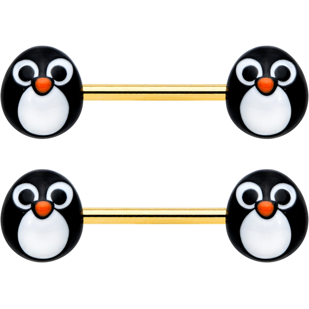 14G 9/16 Gold Tone Round Penguin Face Barbell Nipple Ring Set