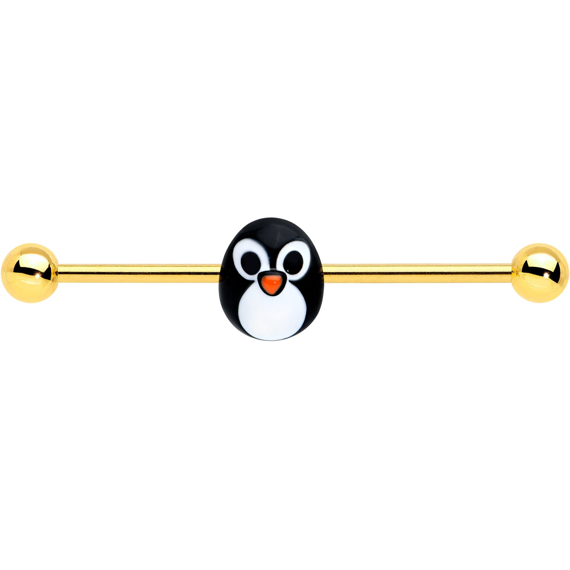14G Gold Tone Round Penguin Face Holiday Industrial Barbell 38mm