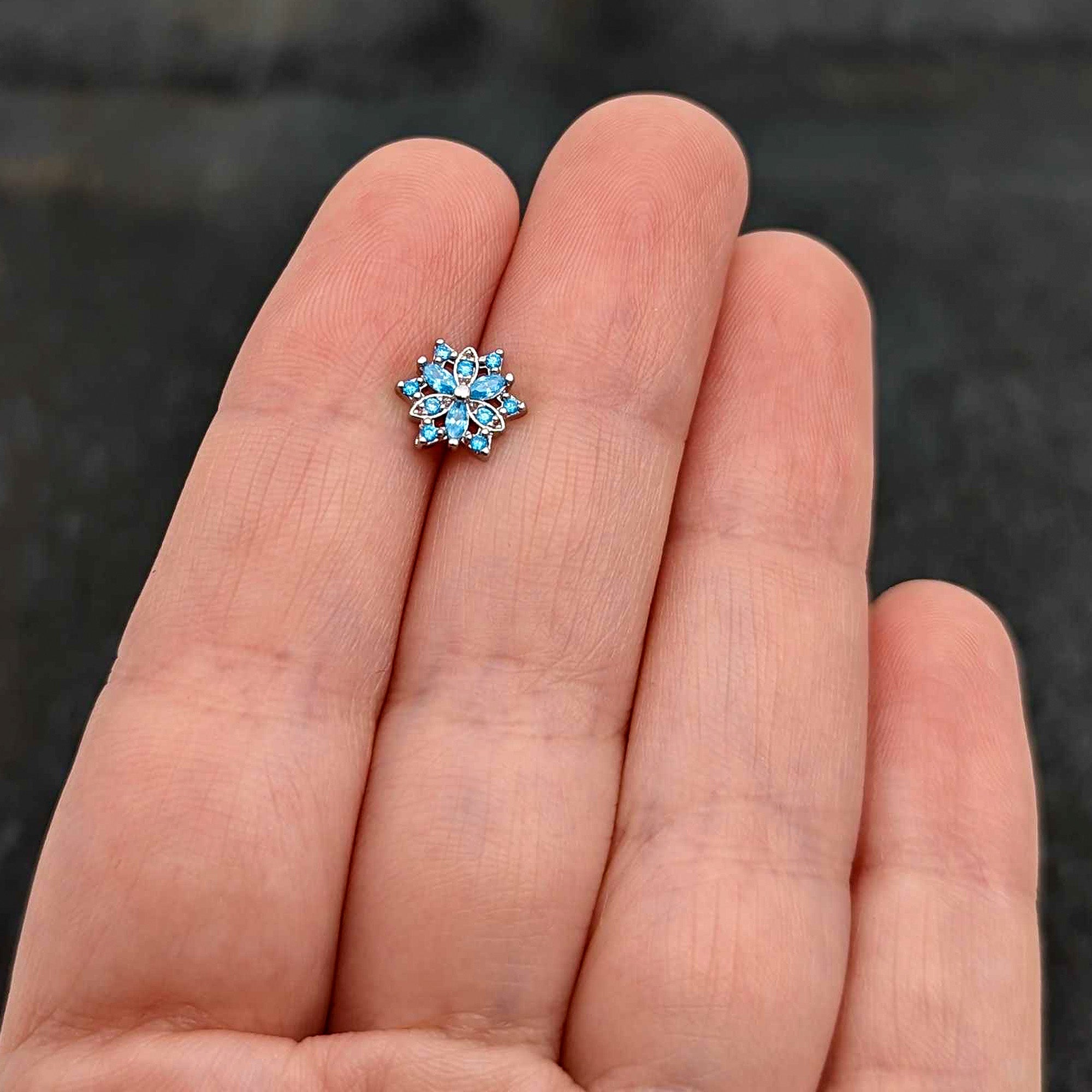 20G 7mm Blue CZ Gem Snowflake Blues L Shape Nose Ring
