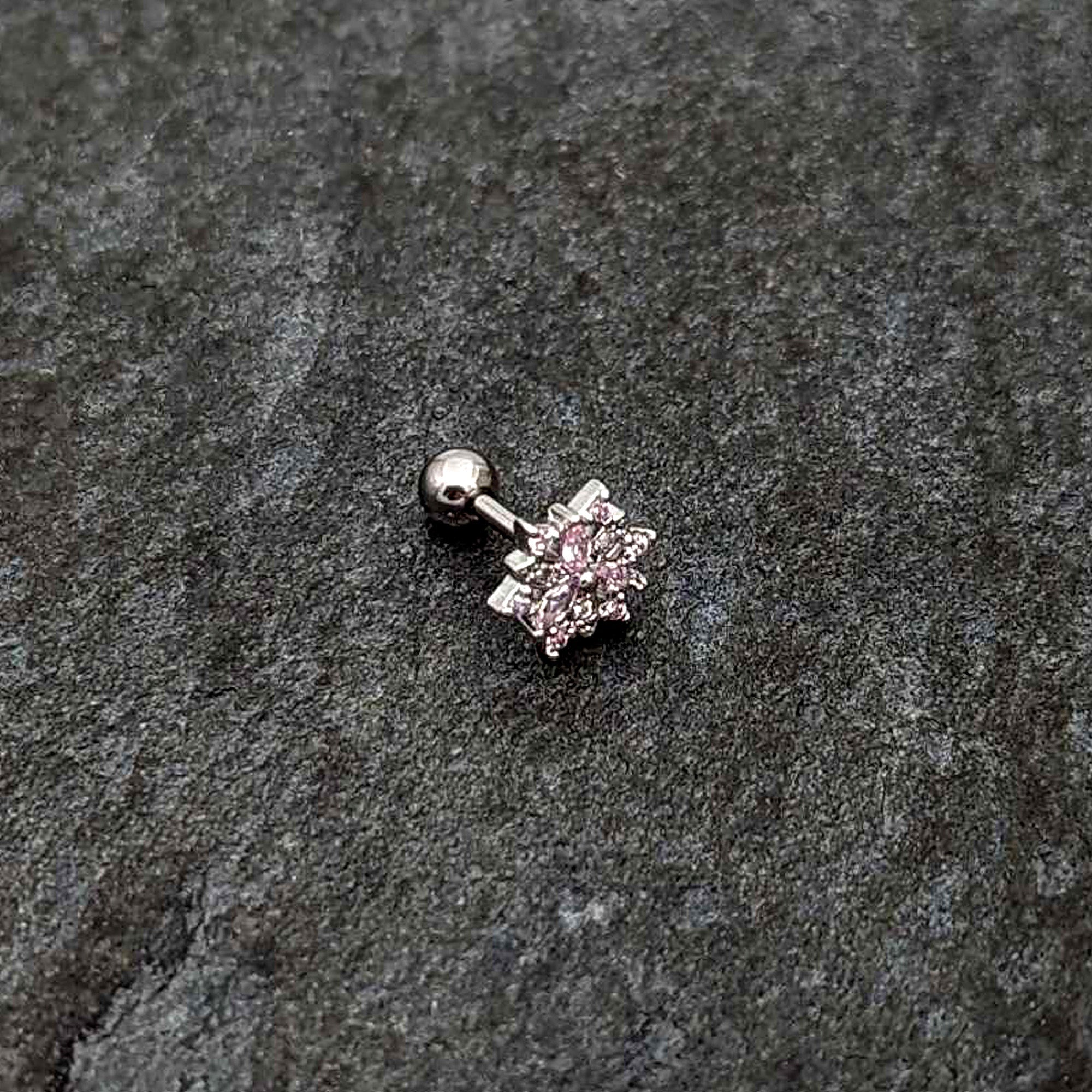 16G 1/4 Pink Clear CZ Gem Snowflake Cartilage Tragus Earring