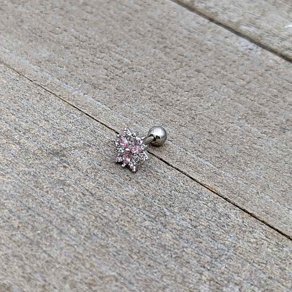 16G 1/4 Pink Clear CZ Gem Snowflake Cartilage Tragus Earring