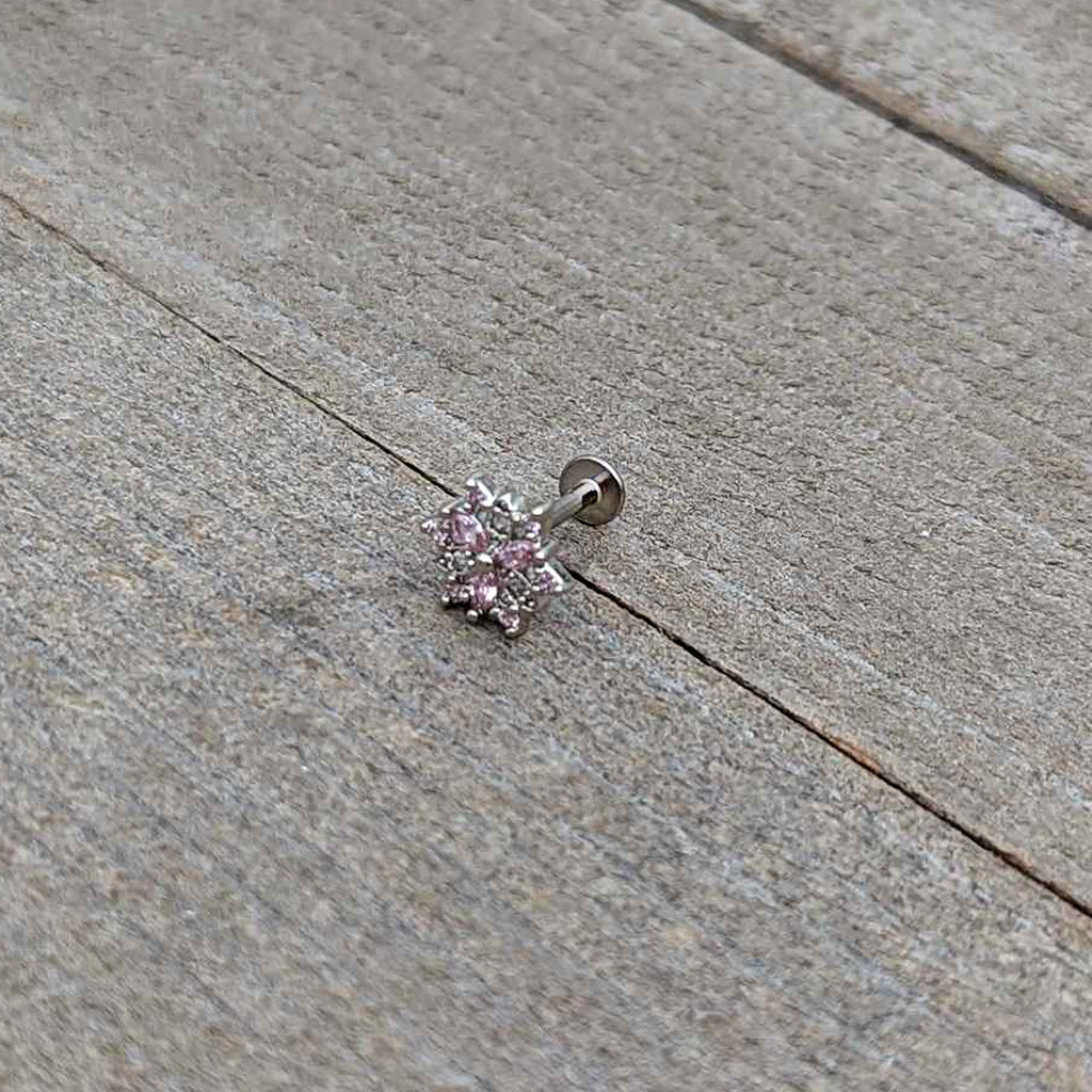 16G 5/16 Pink Clear CZ Gem Snowflake Labret Monroe Tragus