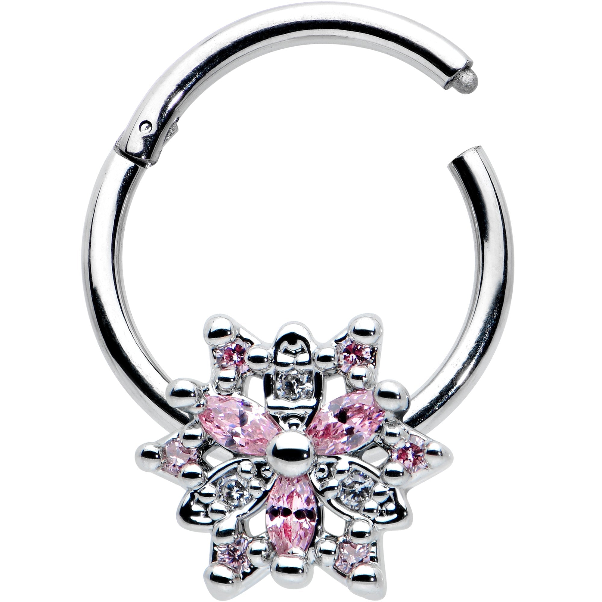 16G 3/8 Clear Pink CZ Gem Snowflake Hinged Circular Ring