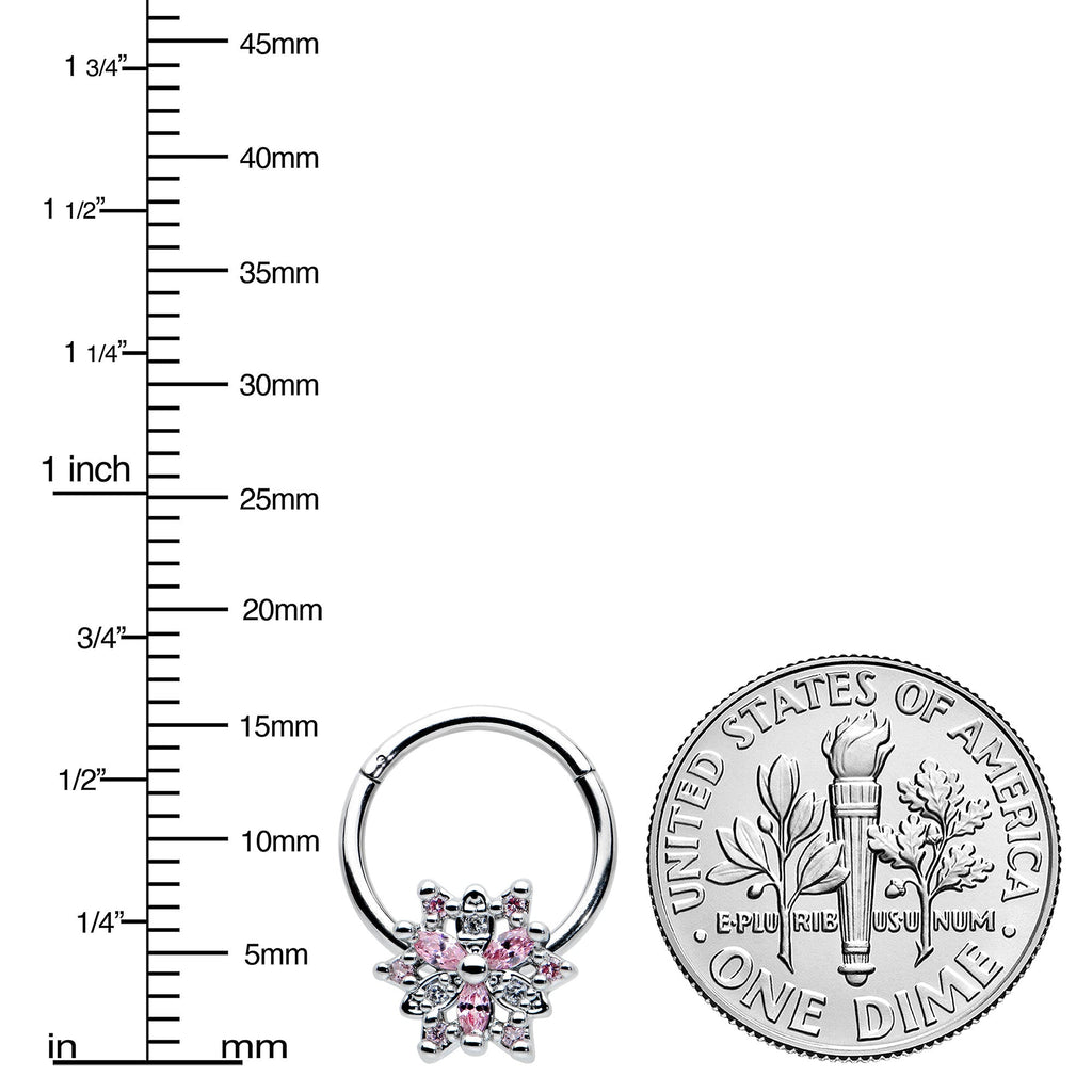 16G 3/8 Clear Pink CZ Gem Snowflake Hinged Circular Ring