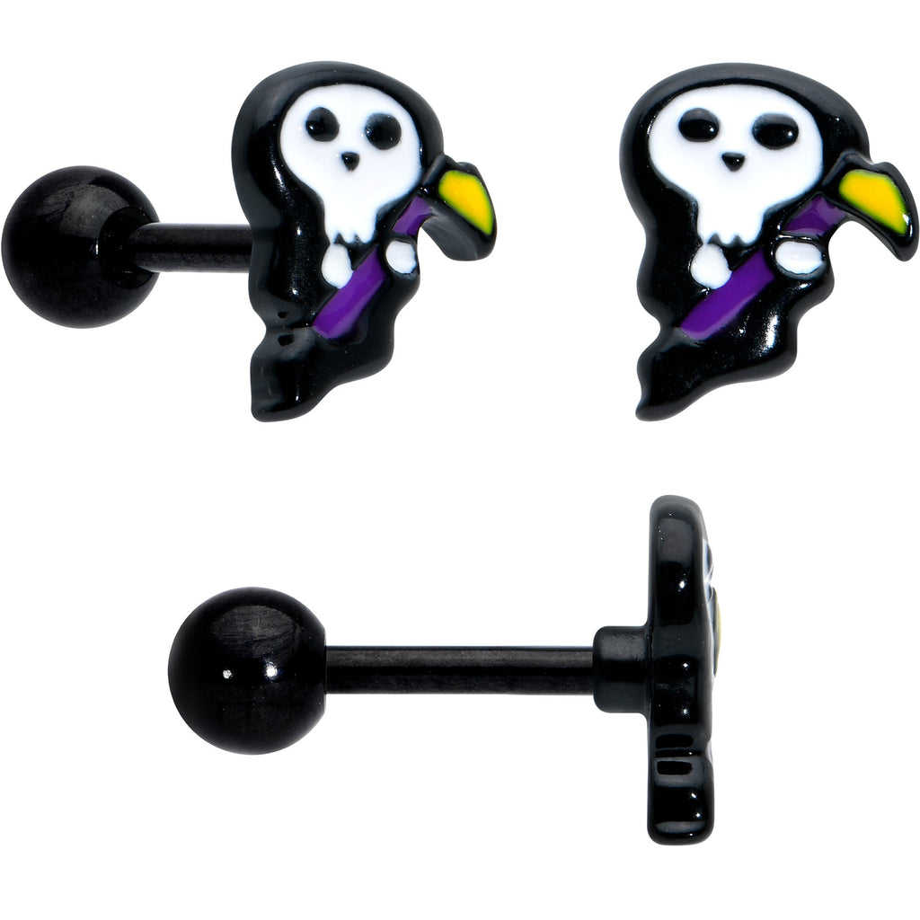 16G 1/4 Black Halloween Skull Bat Reaper Cartilage Earring Set of 3