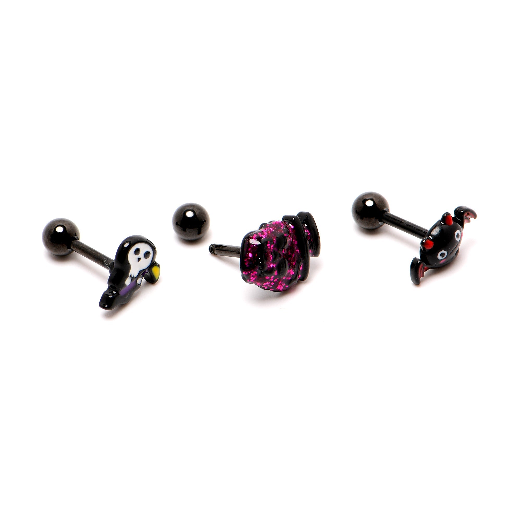 16G 1/4 Black Halloween Skull Bat Reaper Cartilage Earring Set of 3