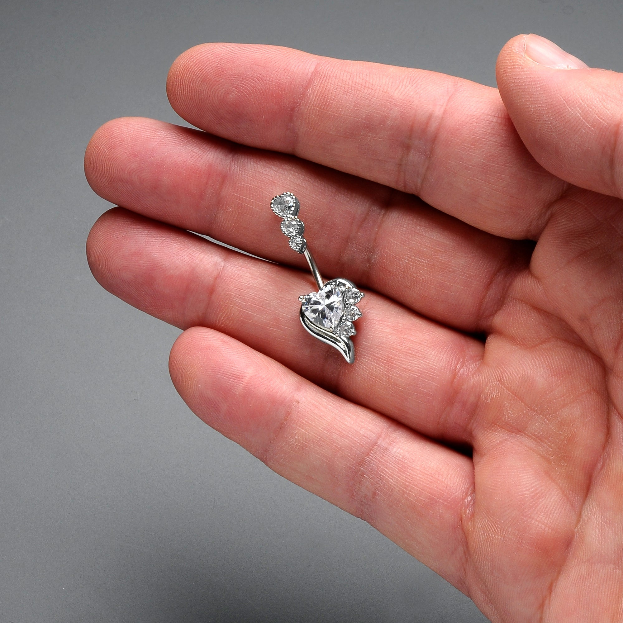 Clear CZ Gem Triple Drop Flare Heart Valentine Double Mount Belly Ring