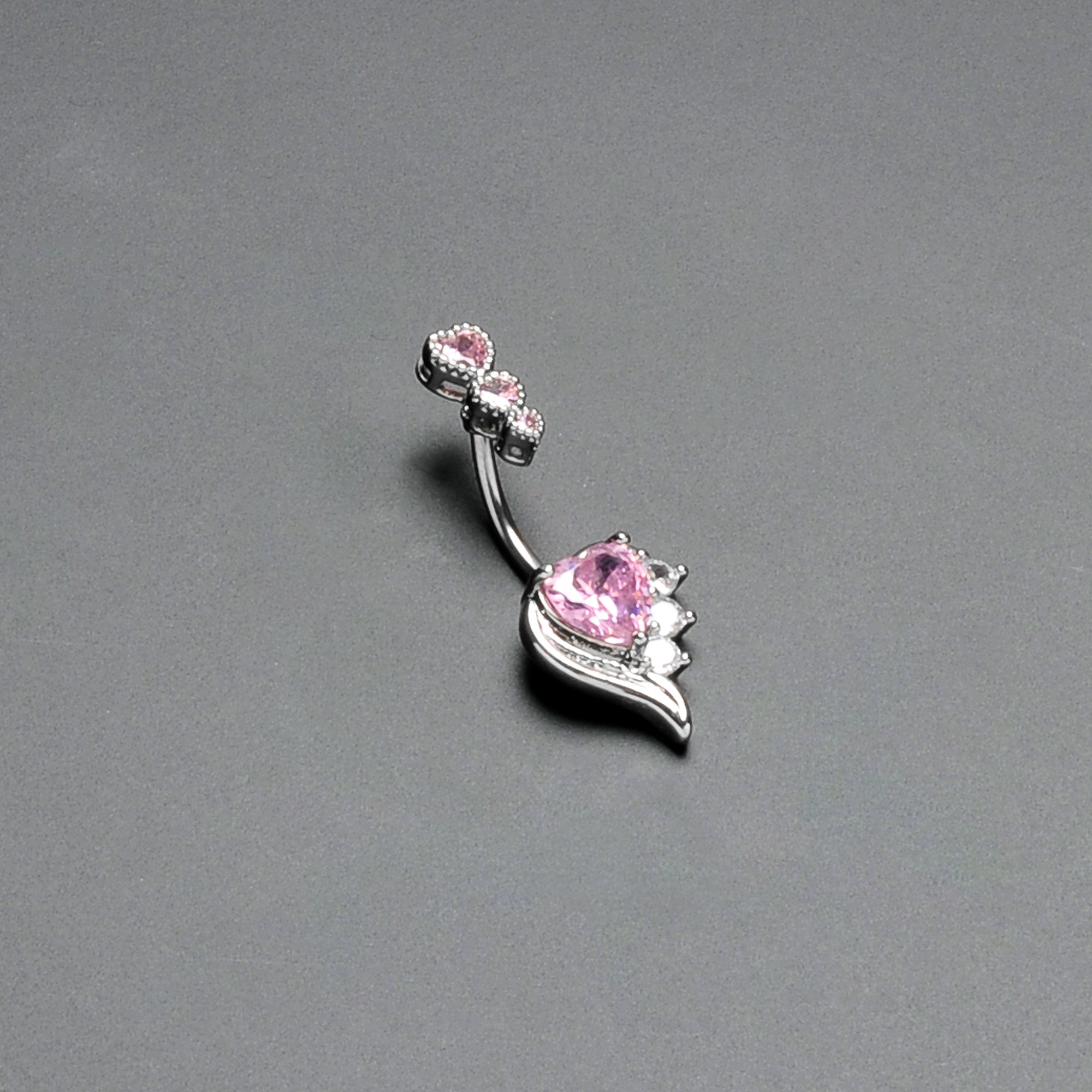 Pink CZ Gem Triple Drop Flare Heart Valentine Double Mount Belly Ring