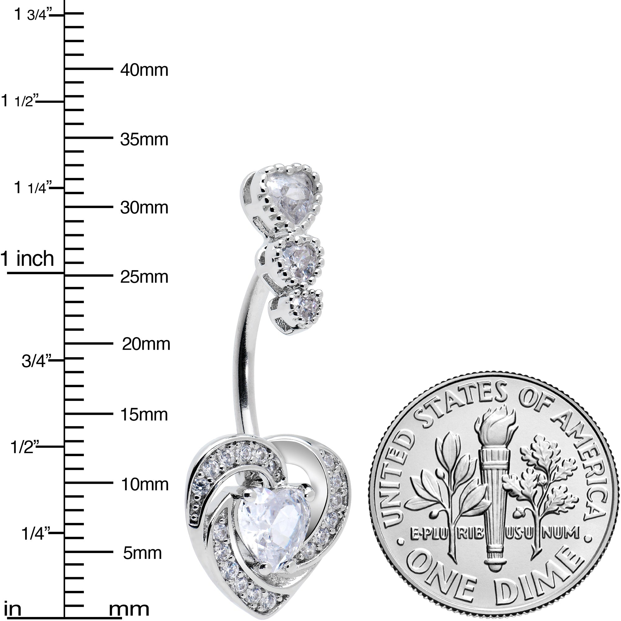 Clear CZ Gem Triple Drop Swirl Heart Valentine Double Mount Belly Ring