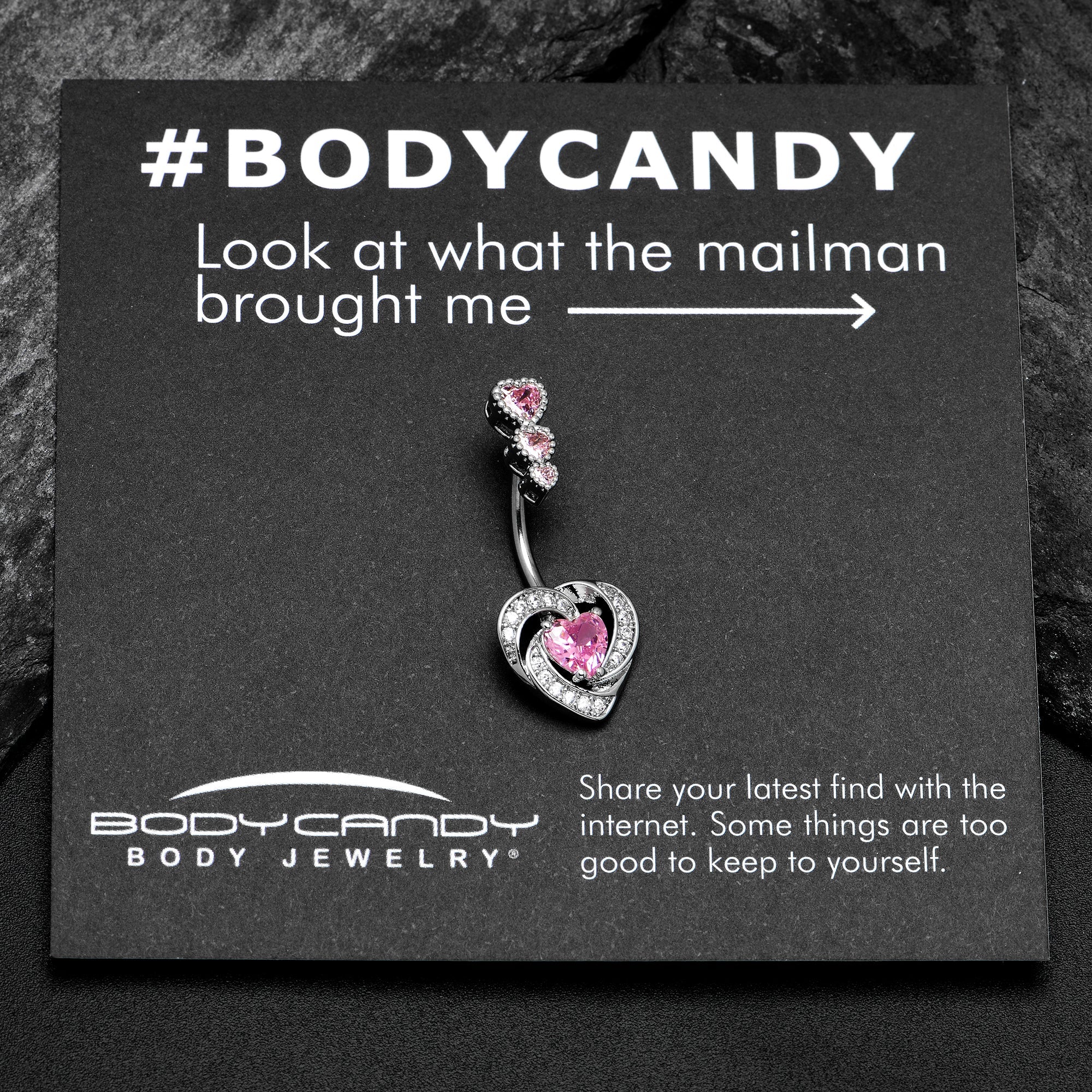 Pink CZ Gem Triple Drop Swirl Heart Valentine Double Mount Belly Ring