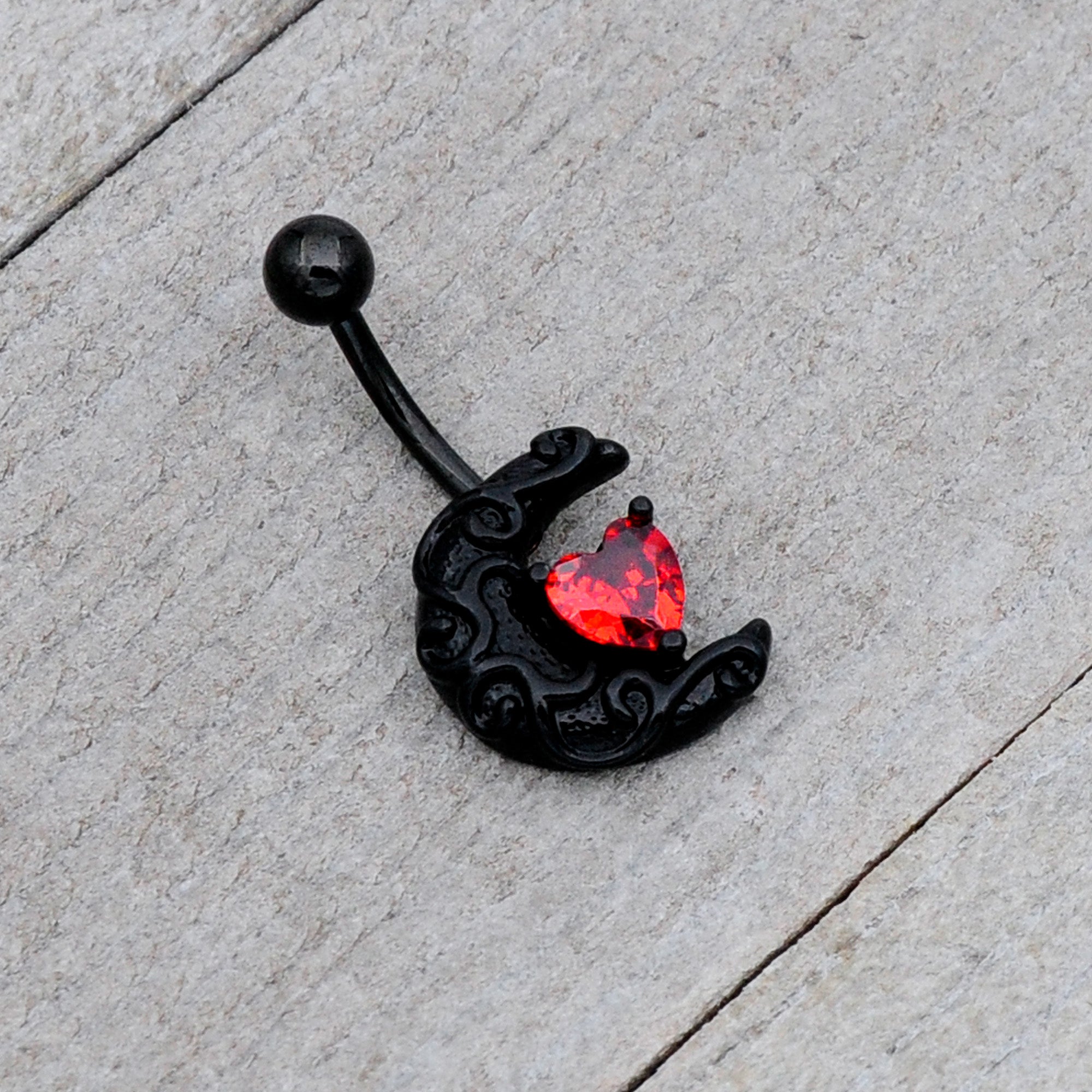 Red CZ Gem Black Scroll Moon Heart Belly Ring