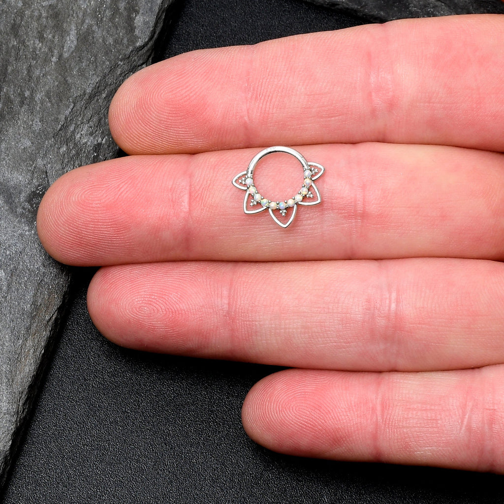 16G 5/16 White Synthetic Opal 14k White Gold Filigree Hinged Segment Ring