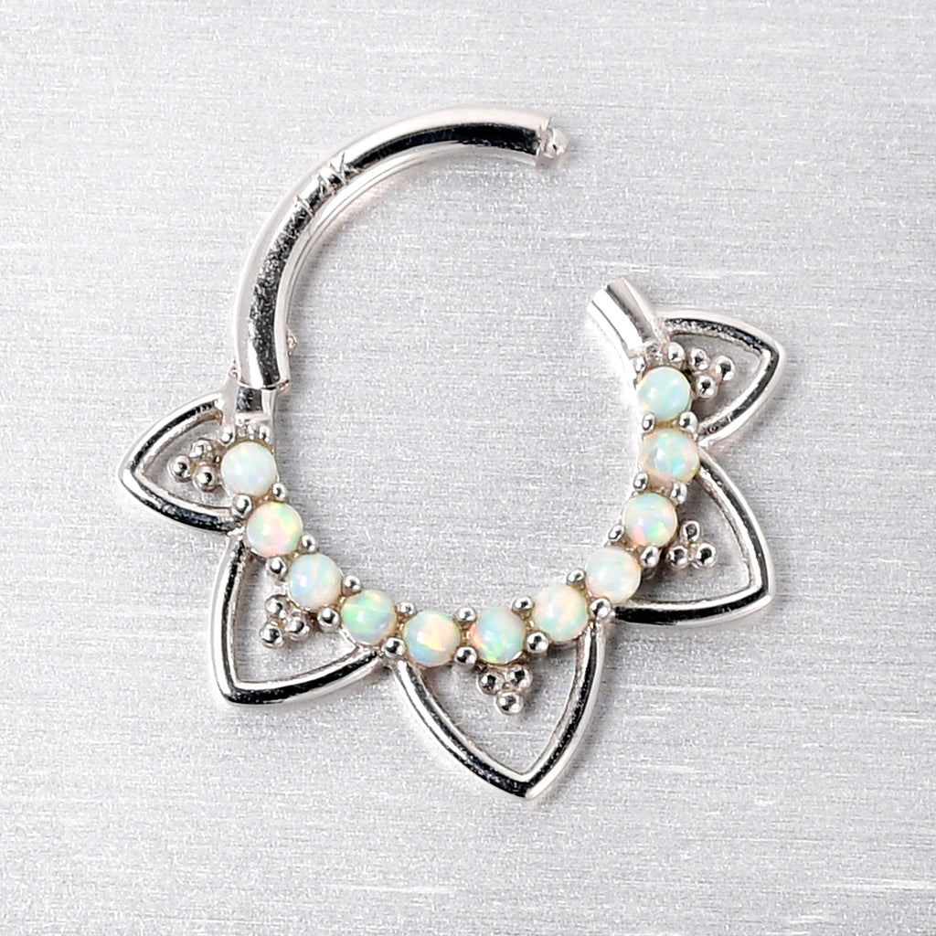 16G 5/16 White Synthetic Opal 14k White Gold Filigree Hinged Segment Ring