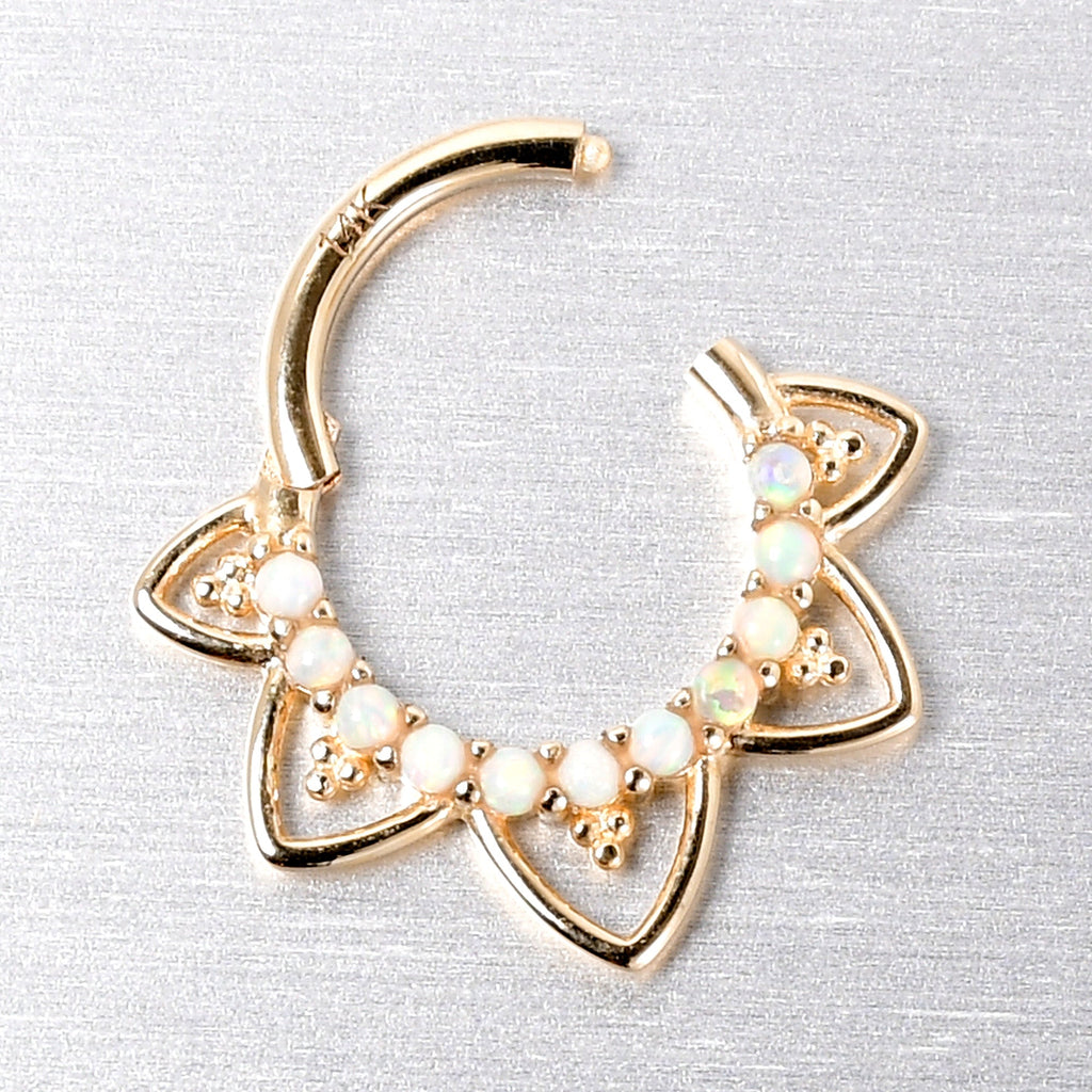 16G 5/16 White Synthetic Opal 14k Yellow Gold Filigree Hinged Segment Ring