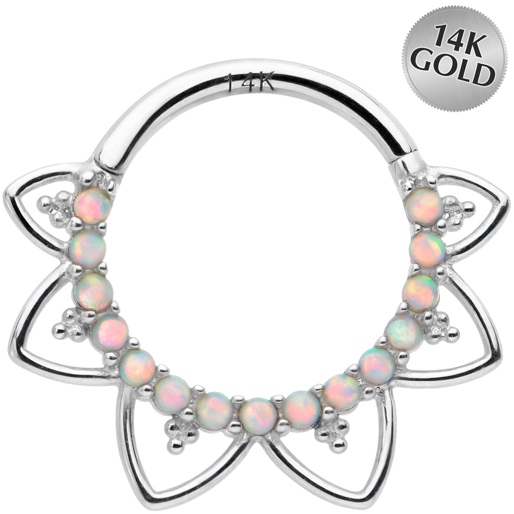 16G 3/8 White Synthetic Opal 14k White Gold Filigree Hinged Segment Ring