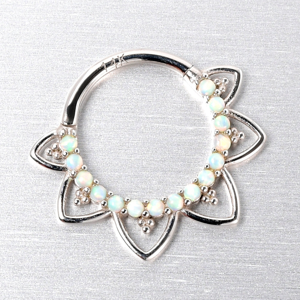 16G 3/8 White Synthetic Opal 14k White Gold Filigree Hinged Segment Ring