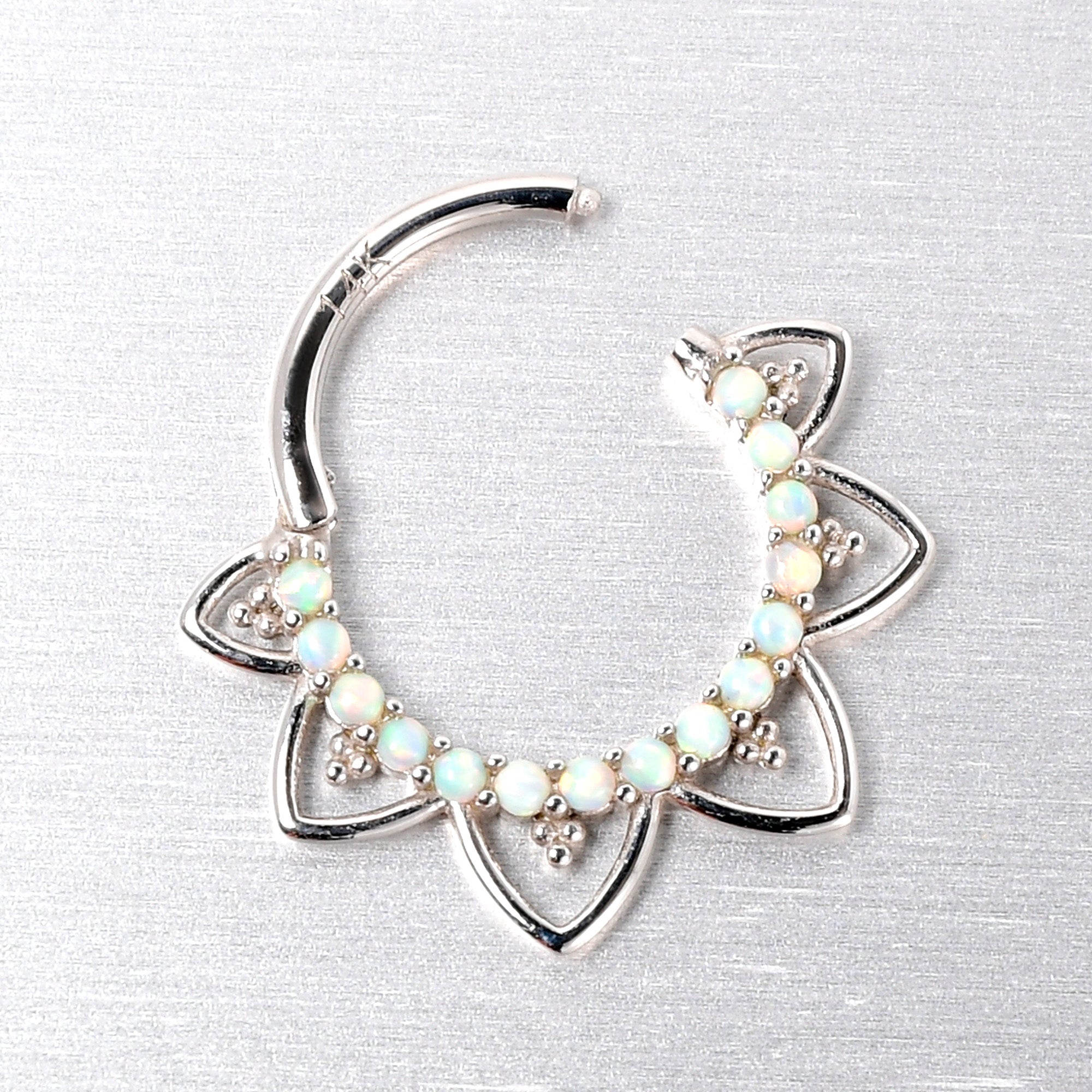 16G 3/8 White Synthetic Opal 14k White Gold Filigree Hinged Segment Ring