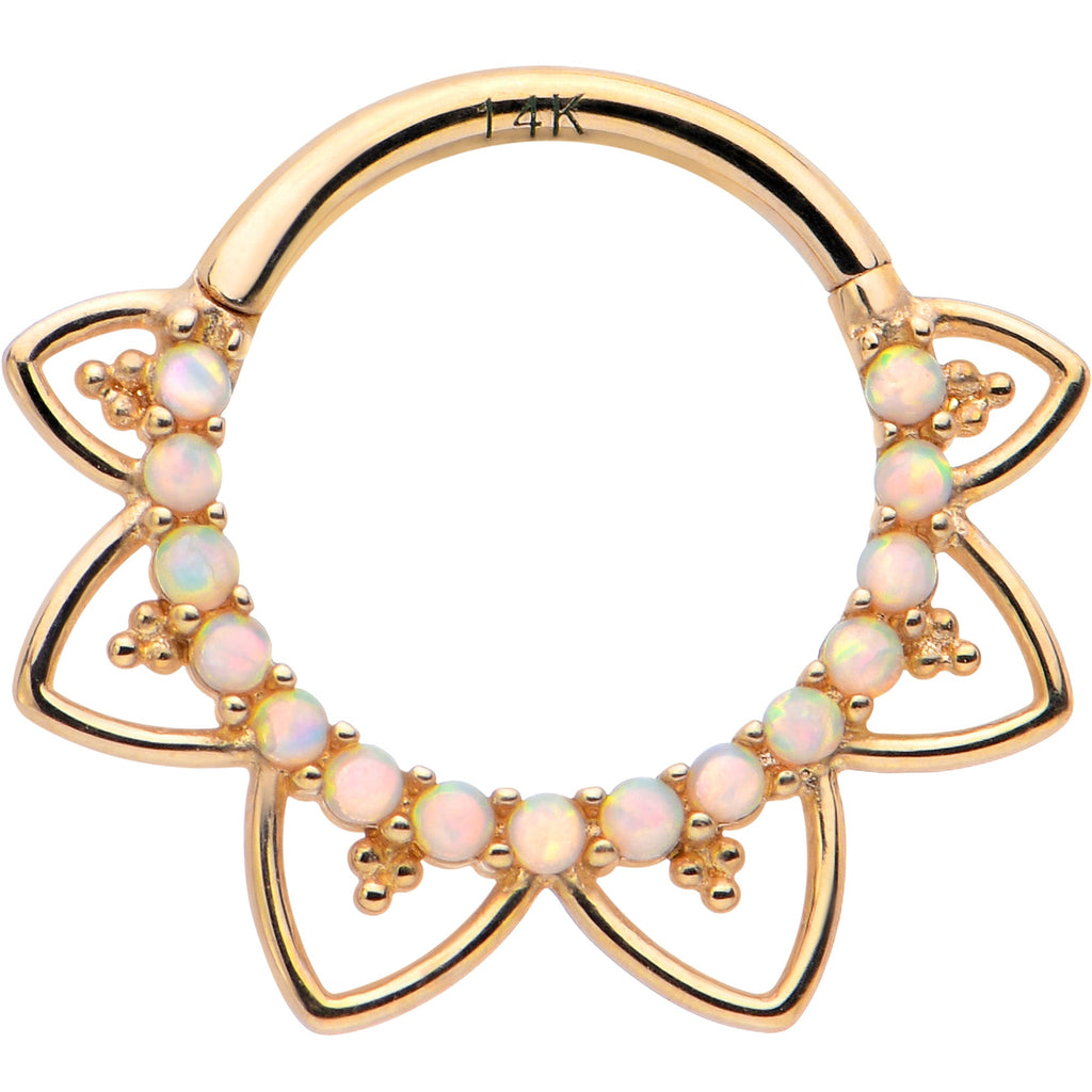 16G 3/8 White Synthetic Opal 14k Yellow Gold Filigree Hinged Segment Ring