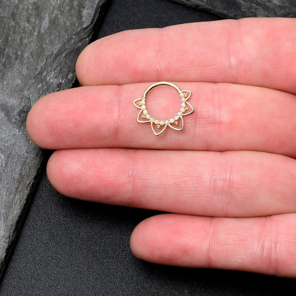 16G 3/8 White Synthetic Opal 14k Yellow Gold Filigree Hinged Segment Ring