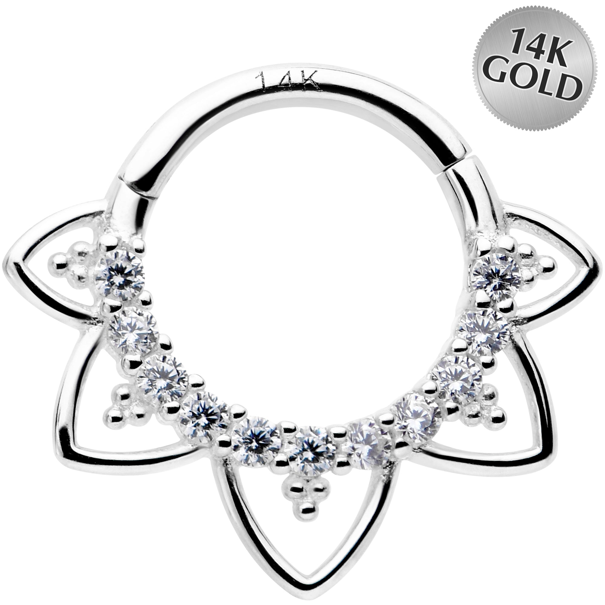 16G 5/16 Clear CZ Gem 14k White Gold Filigree Hinged Segment Ring