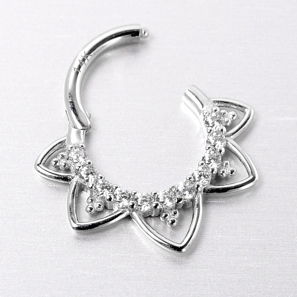 16G 5/16 Clear CZ Gem 14k White Gold Filigree Hinged Segment Ring
