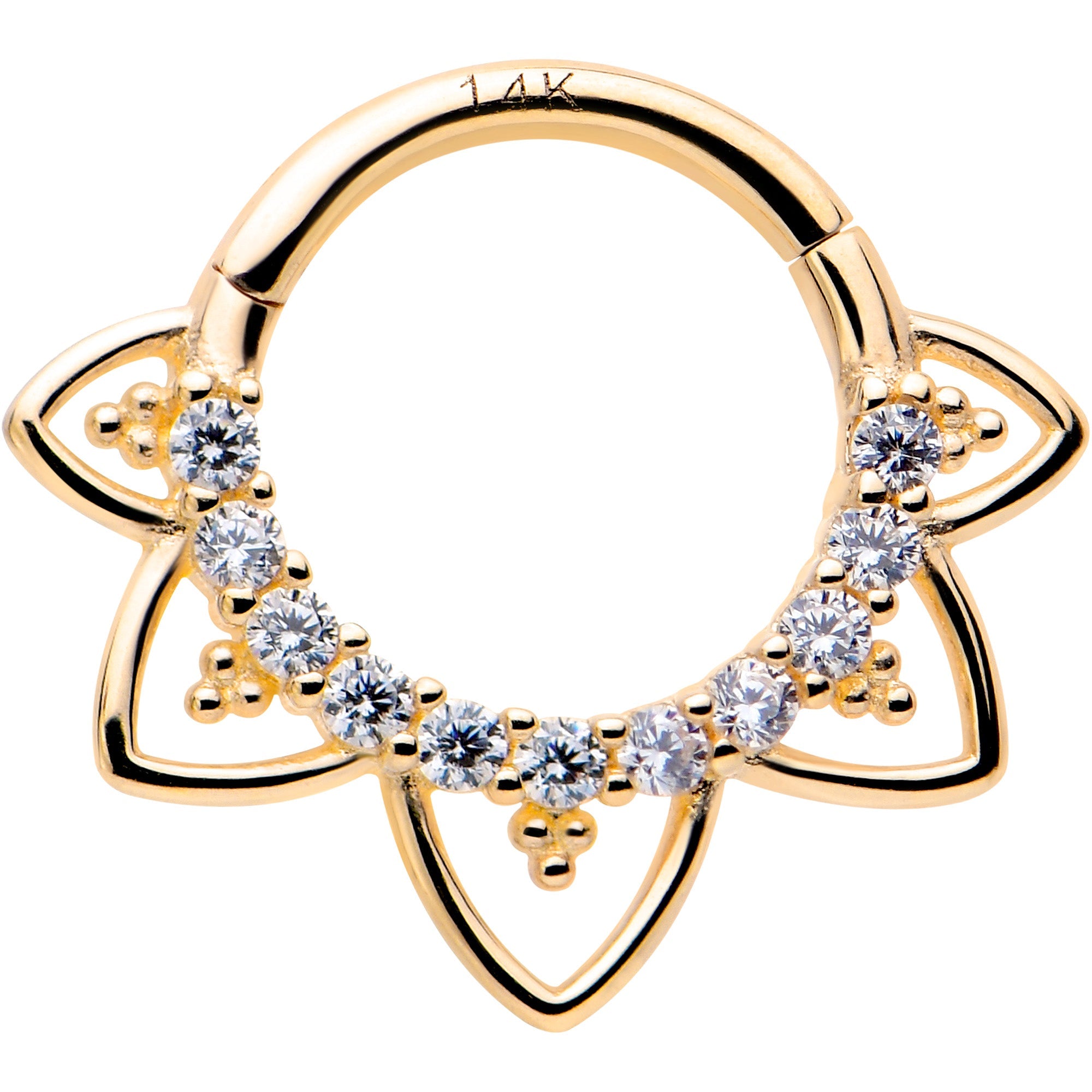 16G 5/16 Clear CZ Gem 14k Yellow Gold Filigree Hinged Segment Ring