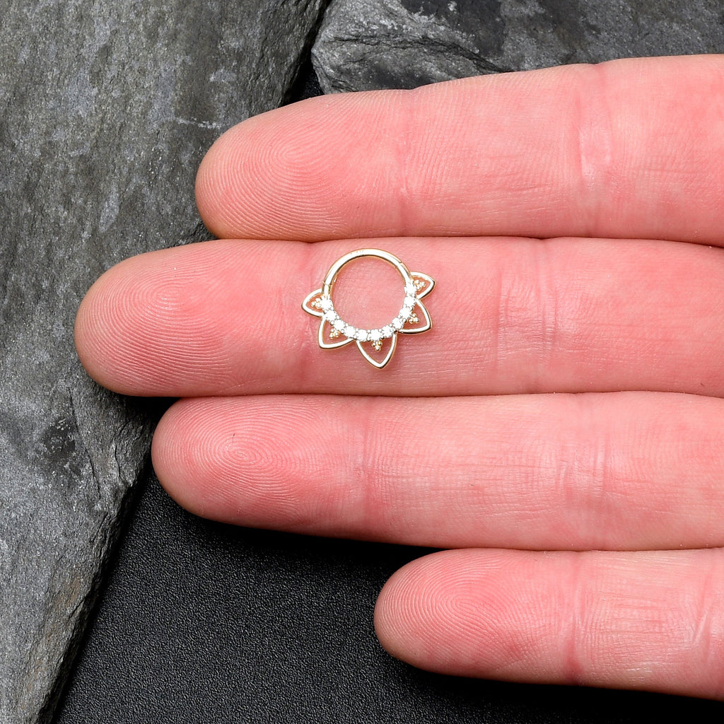 16G 5/16 Clear CZ Gem 14k Yellow Gold Filigree Hinged Segment Ring