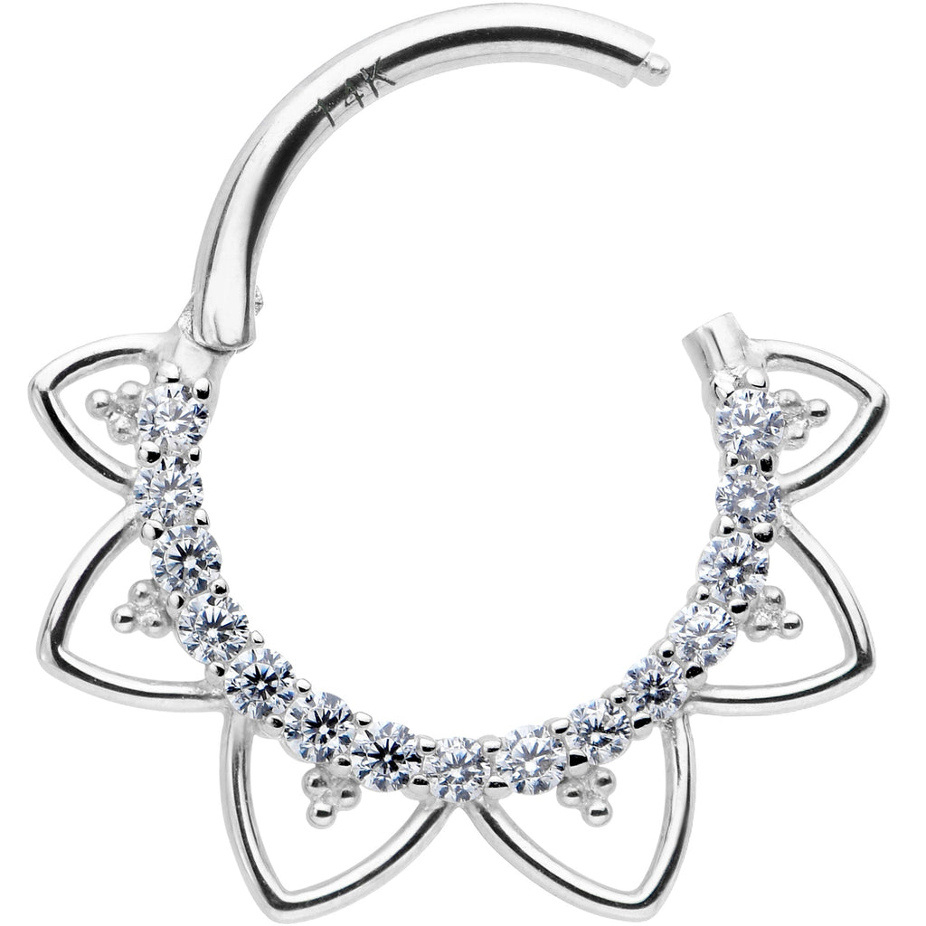 16G 3/8 Clear CZ Gem 14k White Gold Filigree Hinged Segment Ring