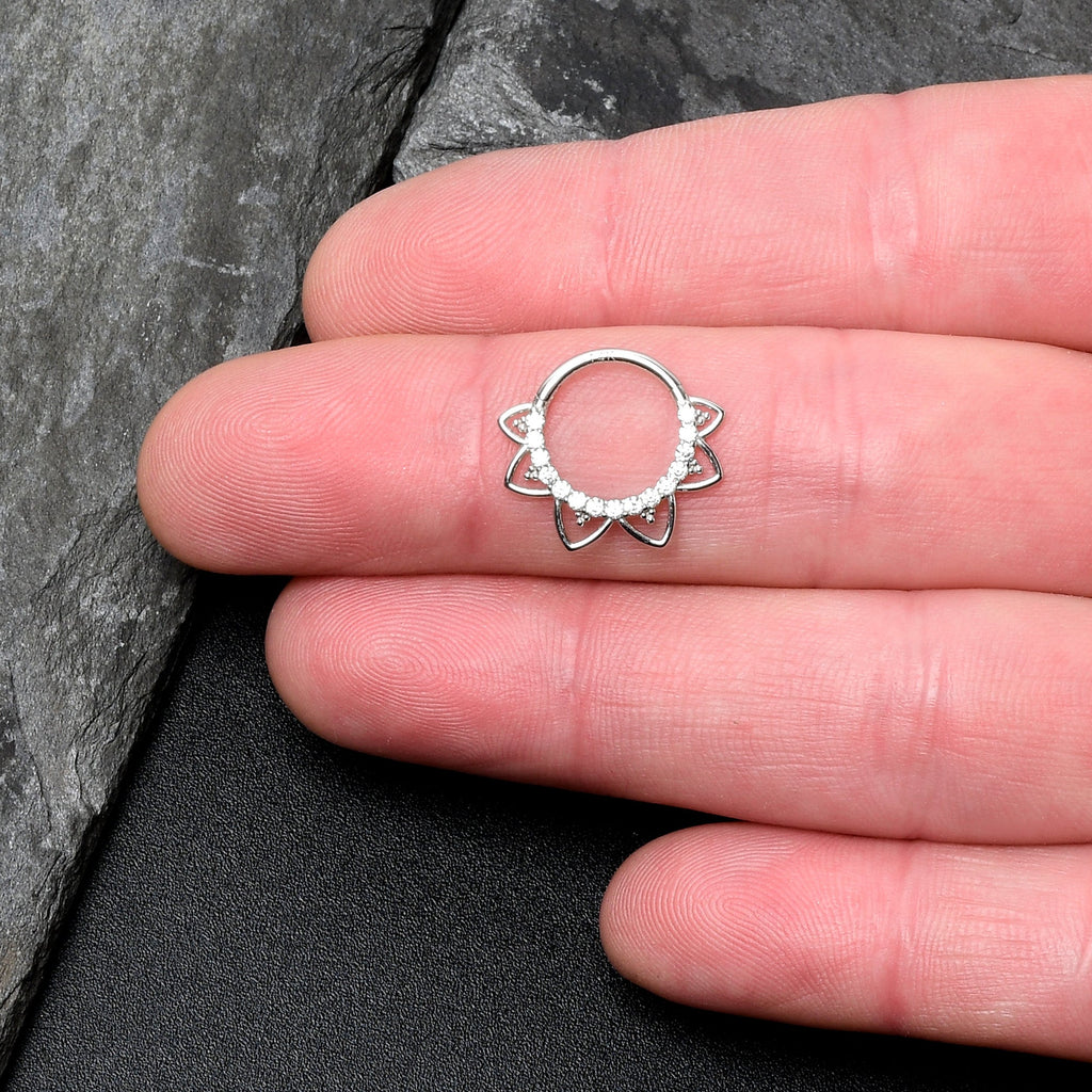 16G 3/8 Clear CZ Gem 14k White Gold Filigree Hinged Segment Ring