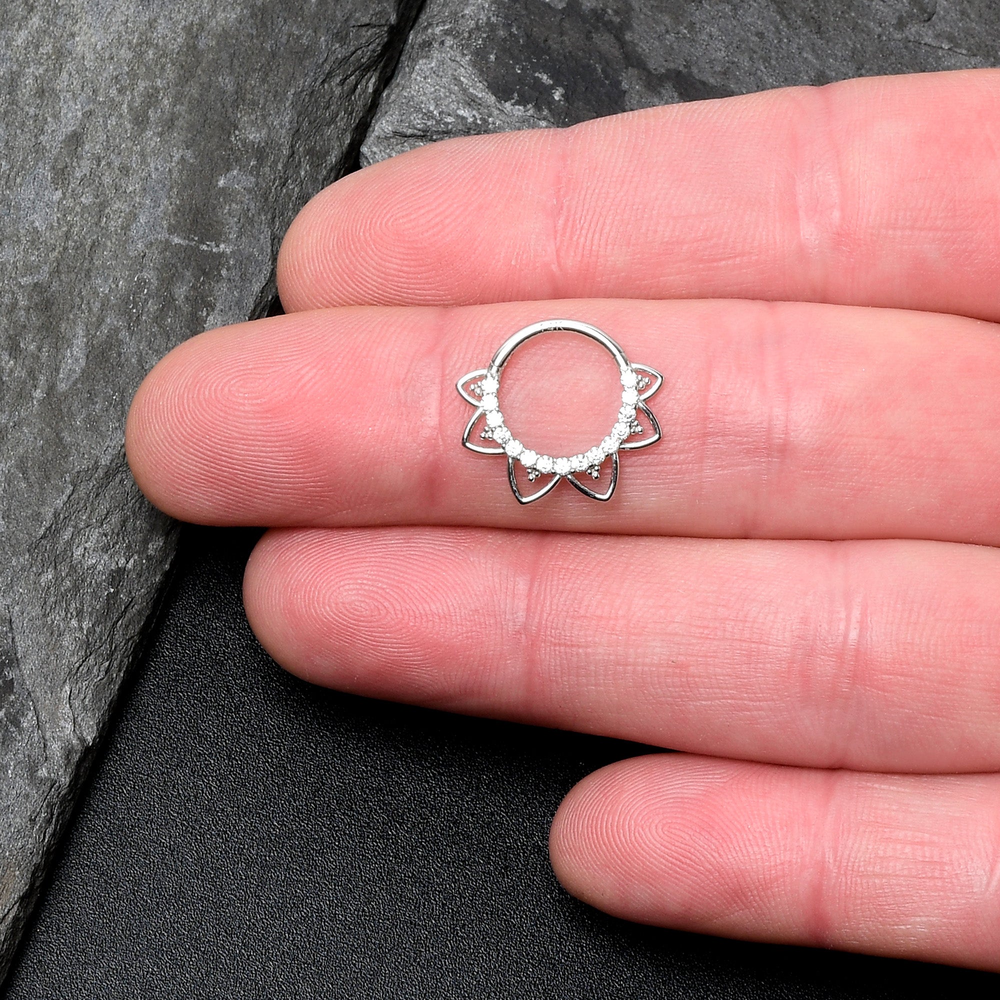 16G 3/8 Clear CZ Gem 14k White Gold Filigree Hinged Segment Ring