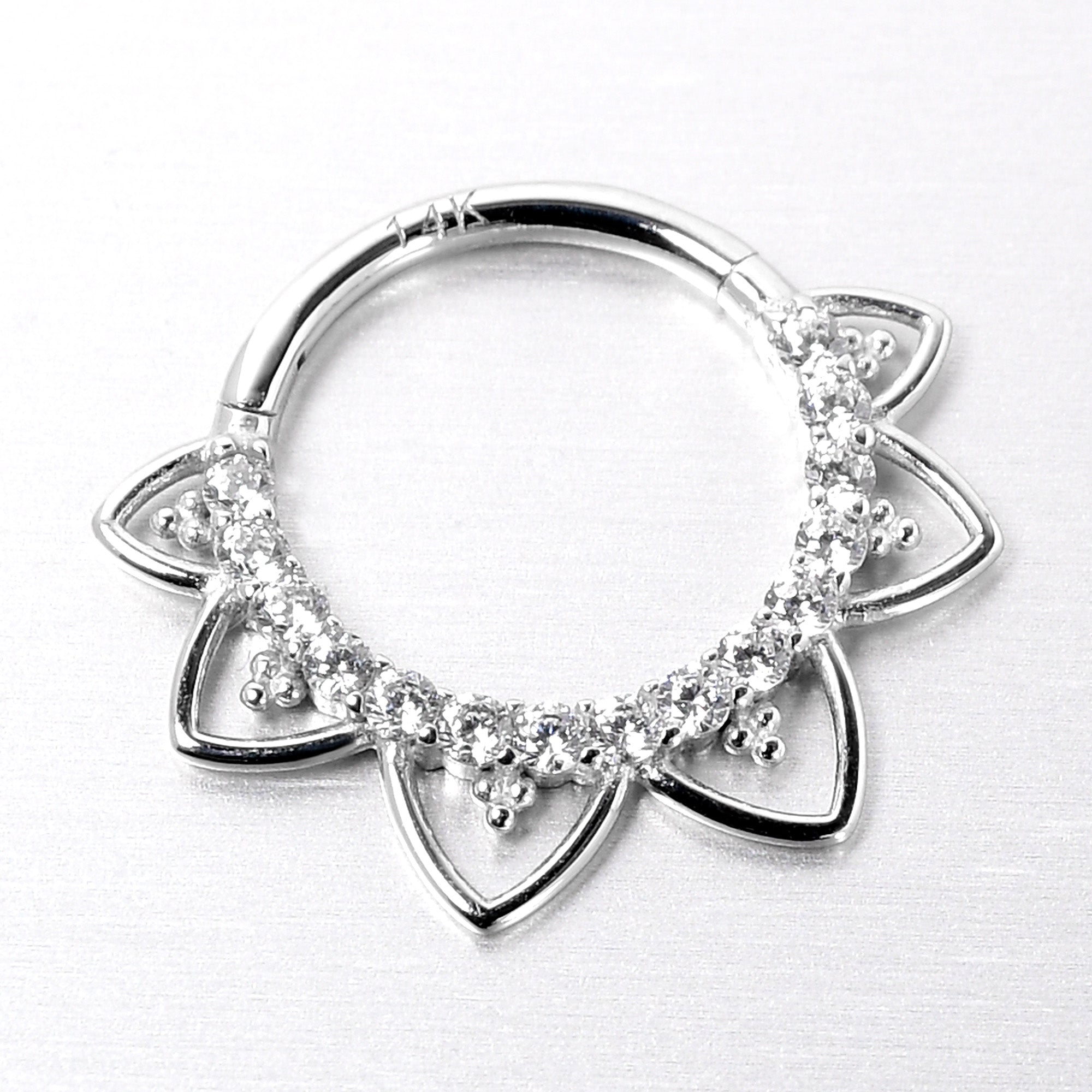16G 3/8 Clear CZ Gem 14k White Gold Filigree Hinged Segment Ring