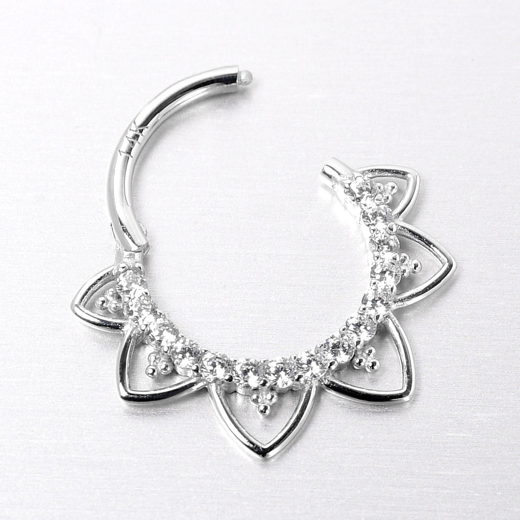 16G 3/8 Clear CZ Gem 14k White Gold Filigree Hinged Segment Ring