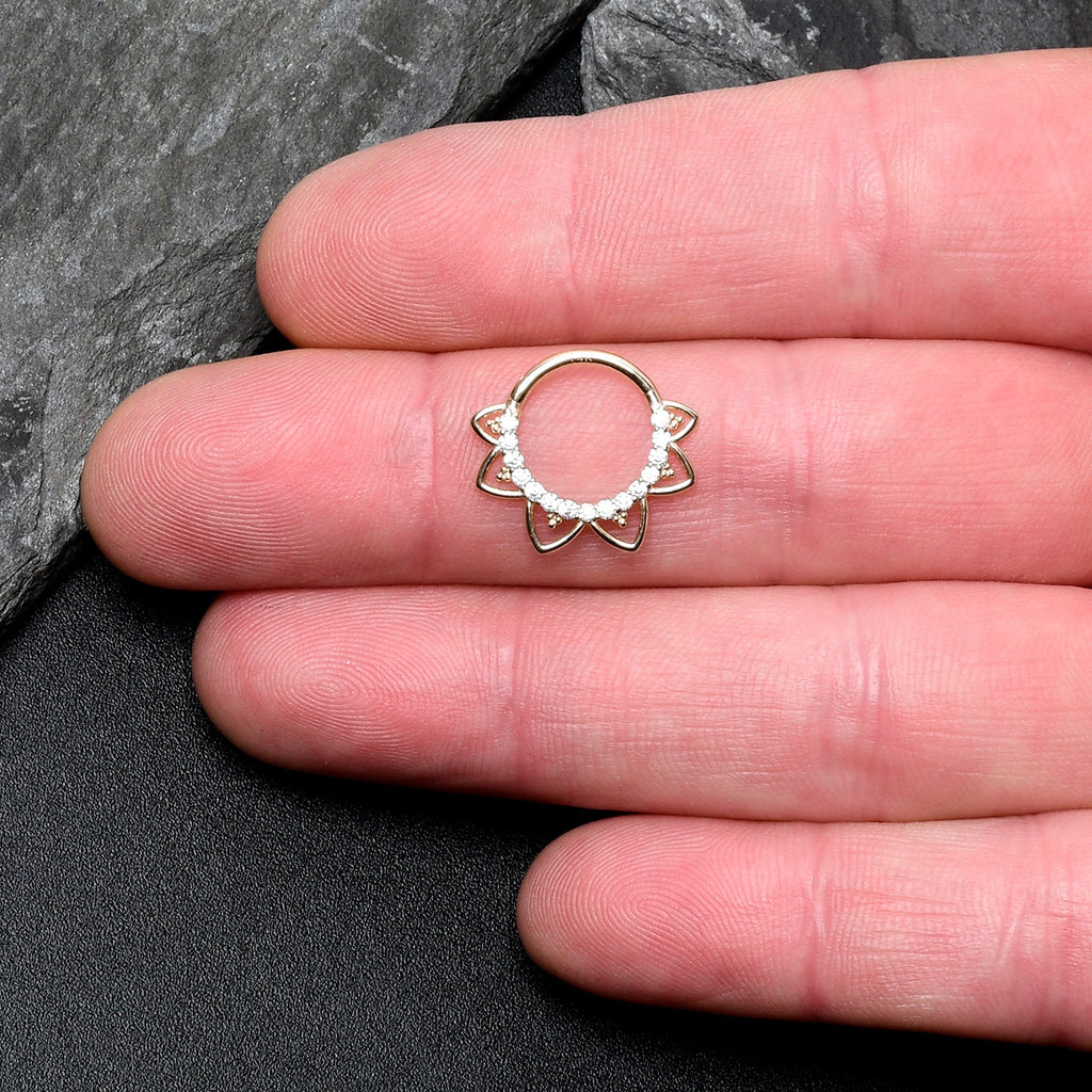 16G 3/8 Clear CZ Gem 14k Yellow Gold Filigree Hinged Segment Ring