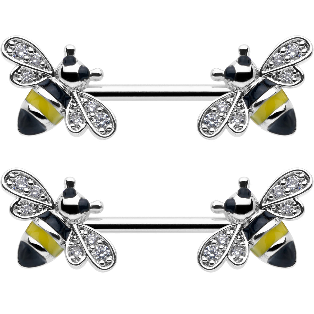 14G 9/16 Clear CZ Gem Honey Bees Barbell Nipple Ring Set