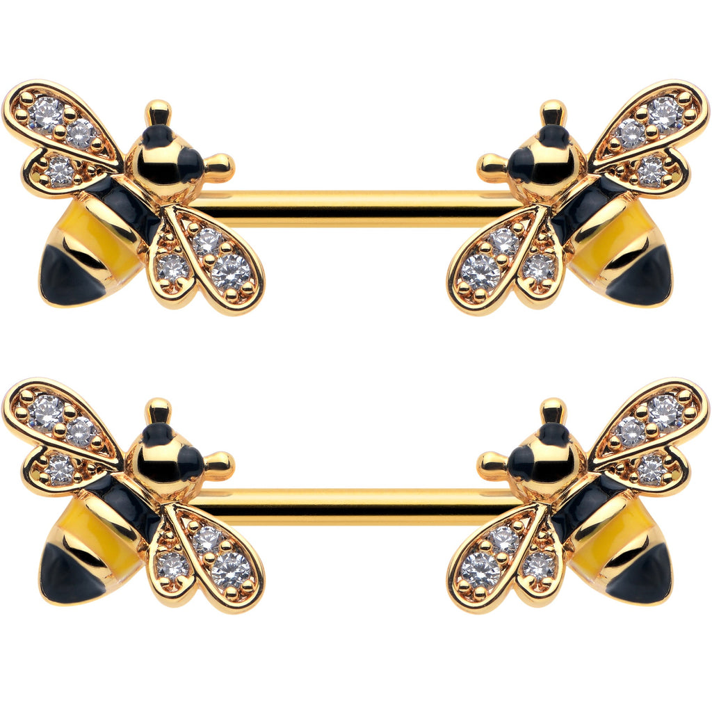 14G 9/16 Clear CZ Gem Gold Hue Honey Bees Barbell Nipple Ring Set