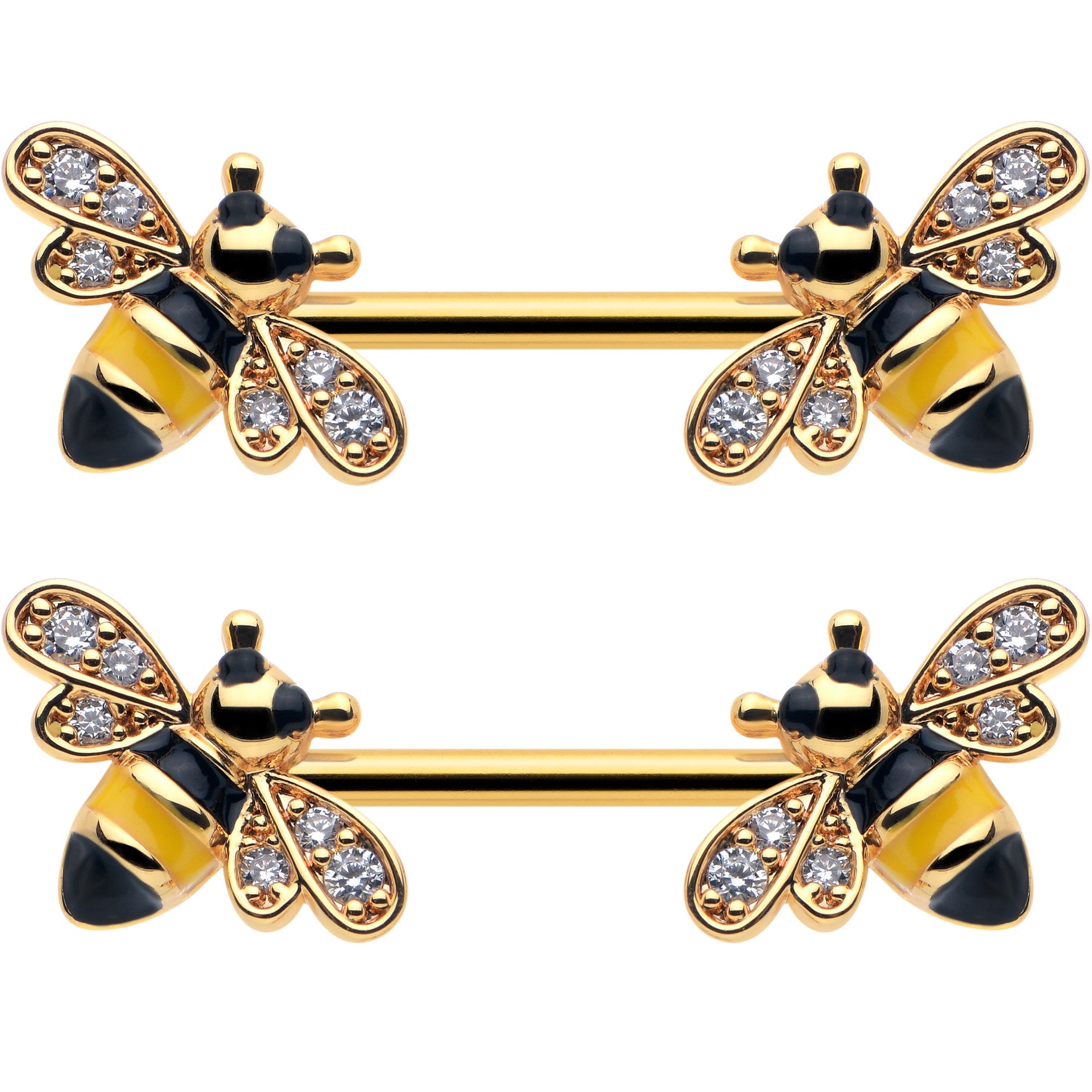 14G 9/16 Clear CZ Gem Gold Hue Honey Bees Barbell Nipple Ring Set