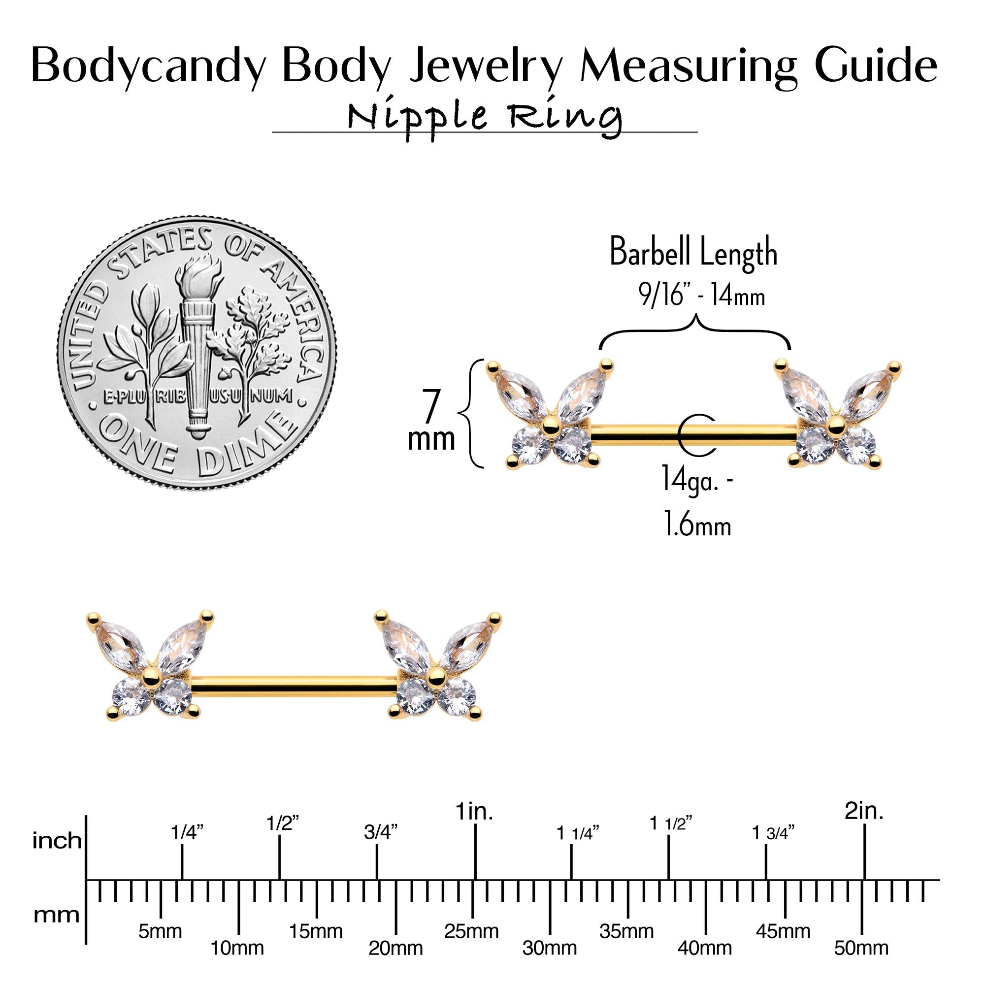 14G 9/16 Clear CZ Gem Gold Tone Butterflies Barbell Nipple Ring Set
