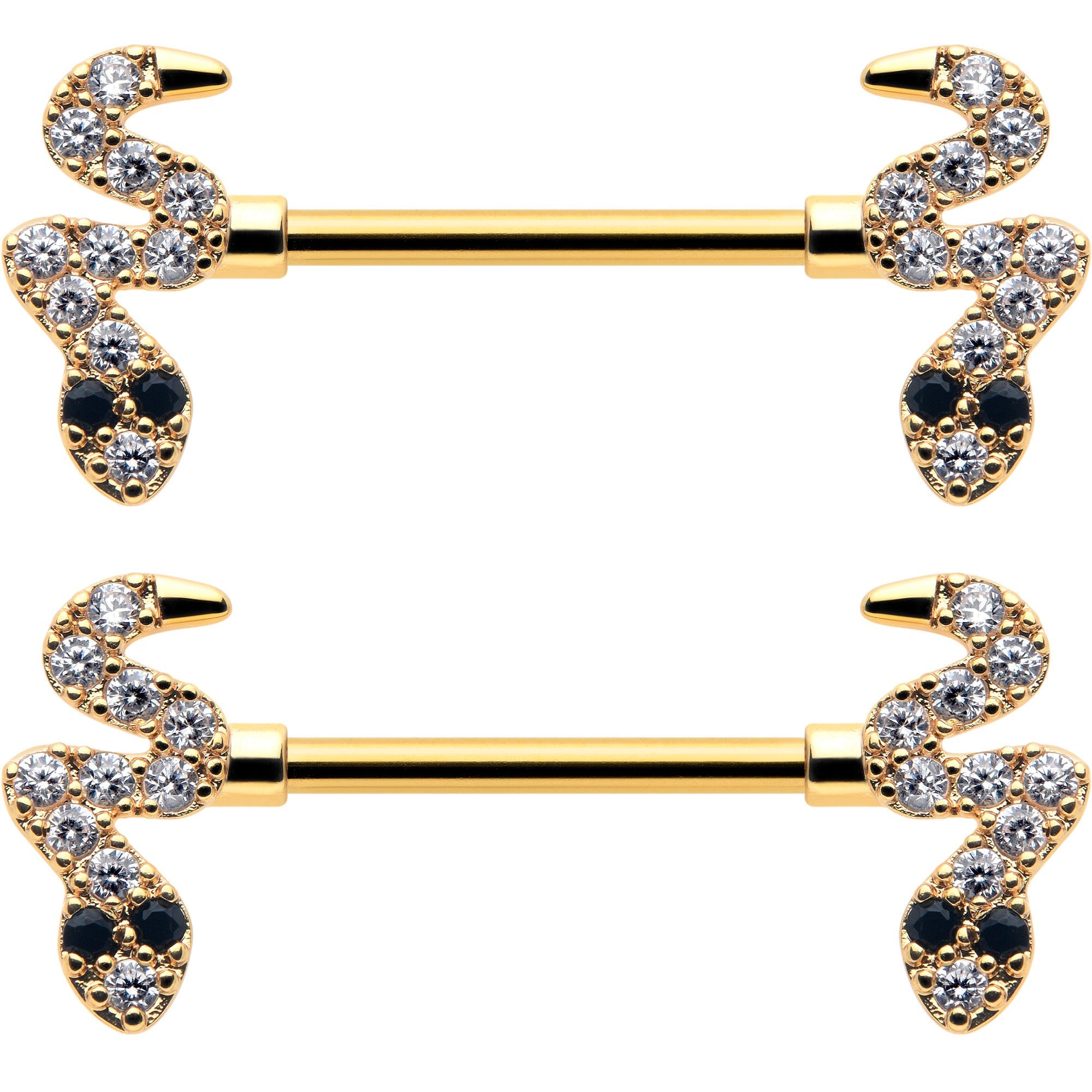 14G 9/16 Clear Black CZ Gem Gold Tone Sexy Snakes Nipple Ring Set