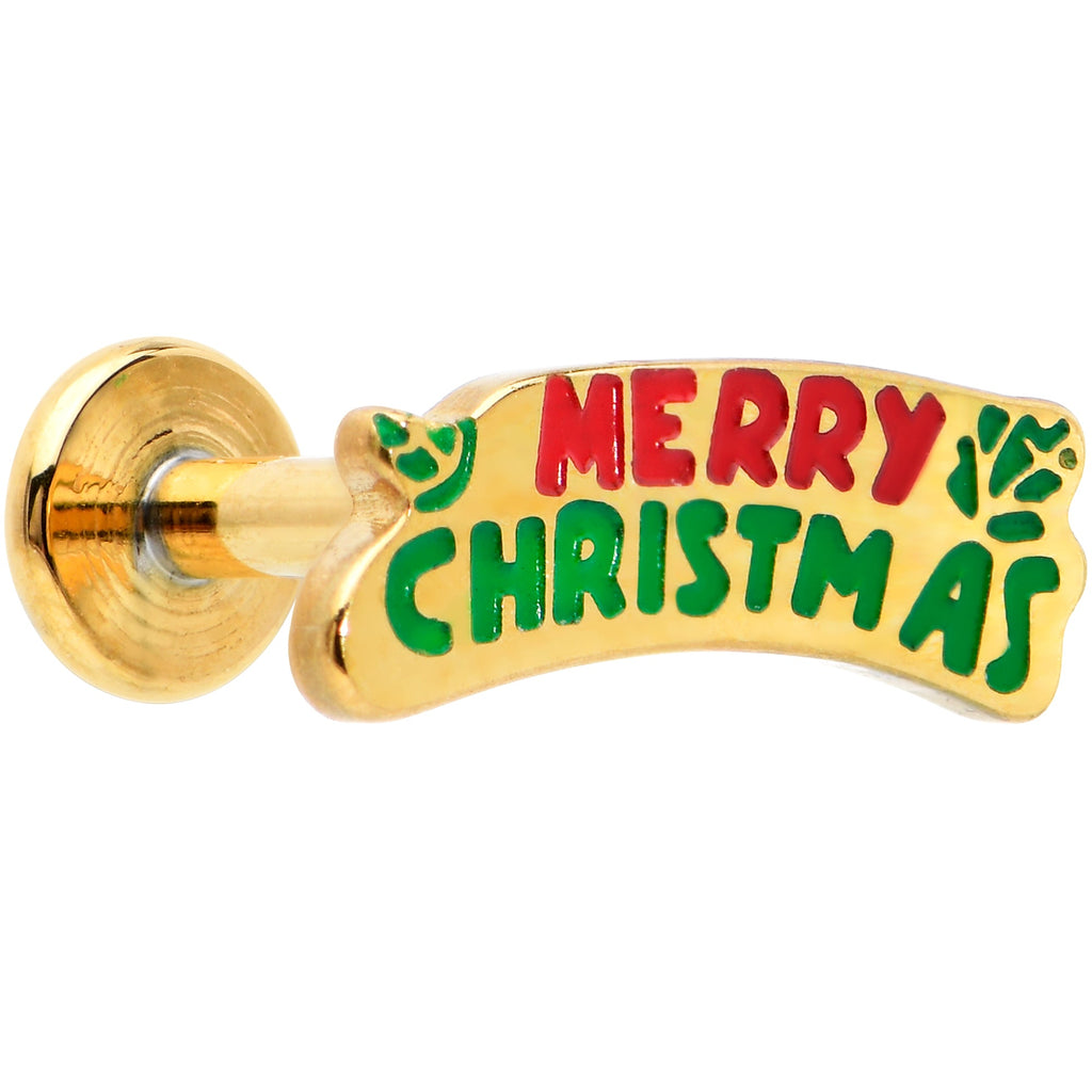 16G 5/16 Gold Tone Merry Christmas Inlaid Labret Monroe Tragus