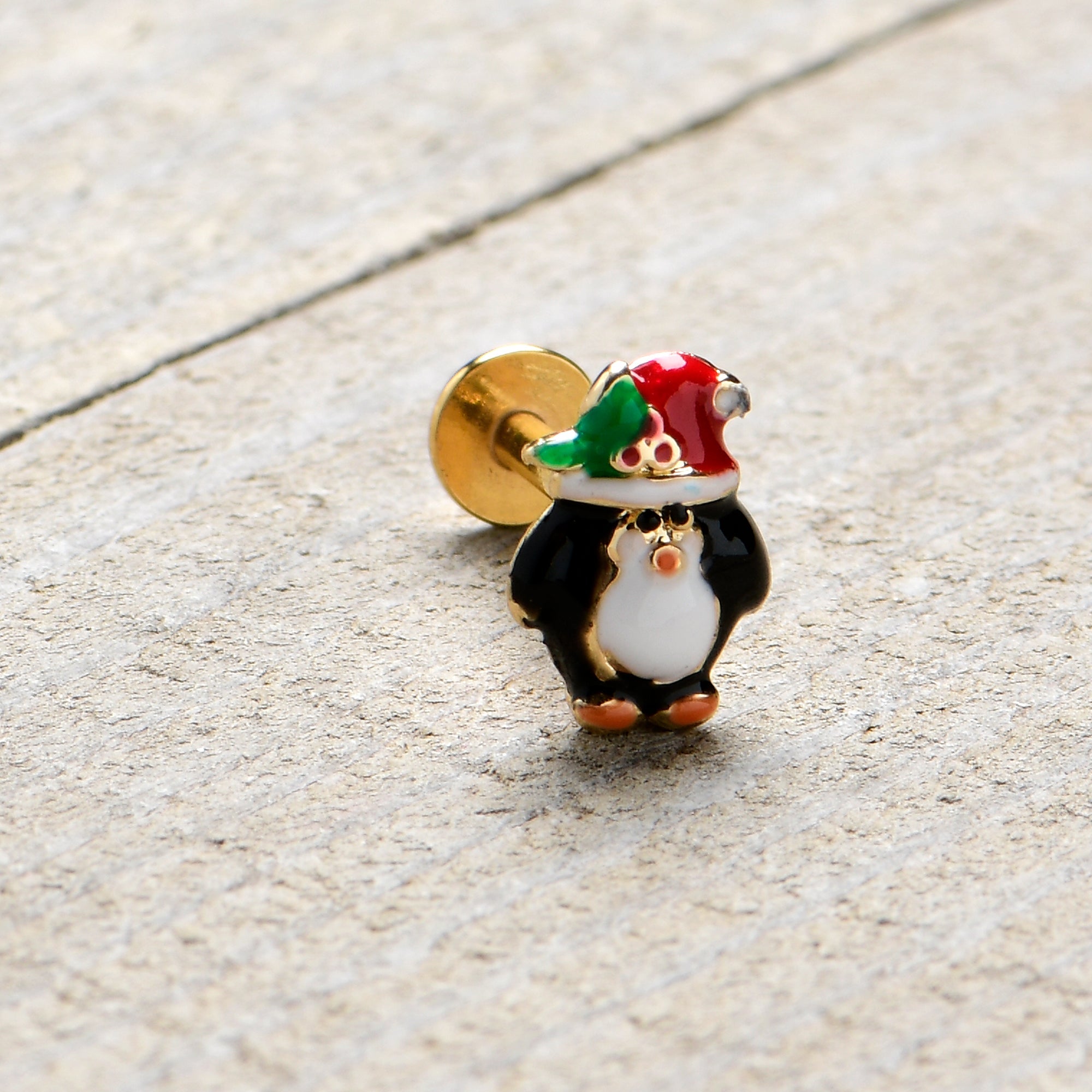 16G 5/16 Gold Tone Holly Hat Penguin Holiday Labret Monroe Tragus