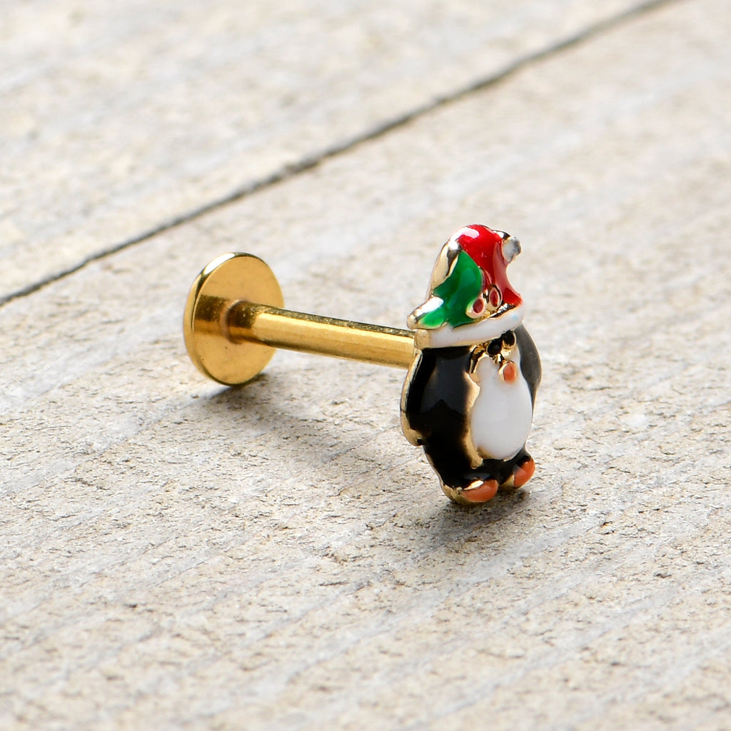 16G 5/16 Gold Tone Holly Hat Penguin Holiday Labret Monroe Tragus