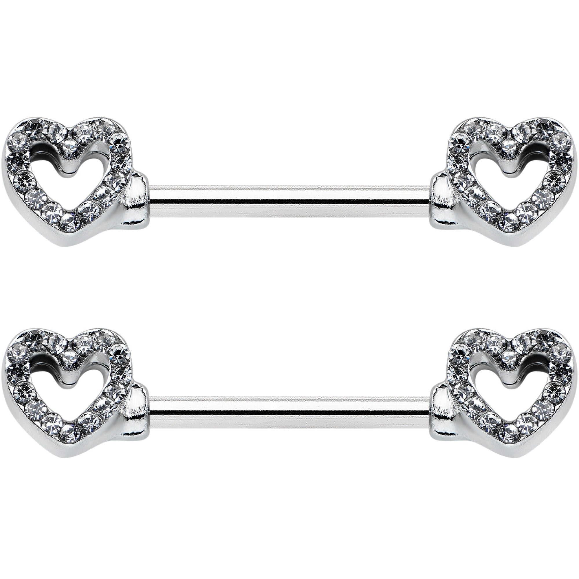 14G 9/16 Clear Gem Open Heart Valentine Barbell Nipple Ring Set