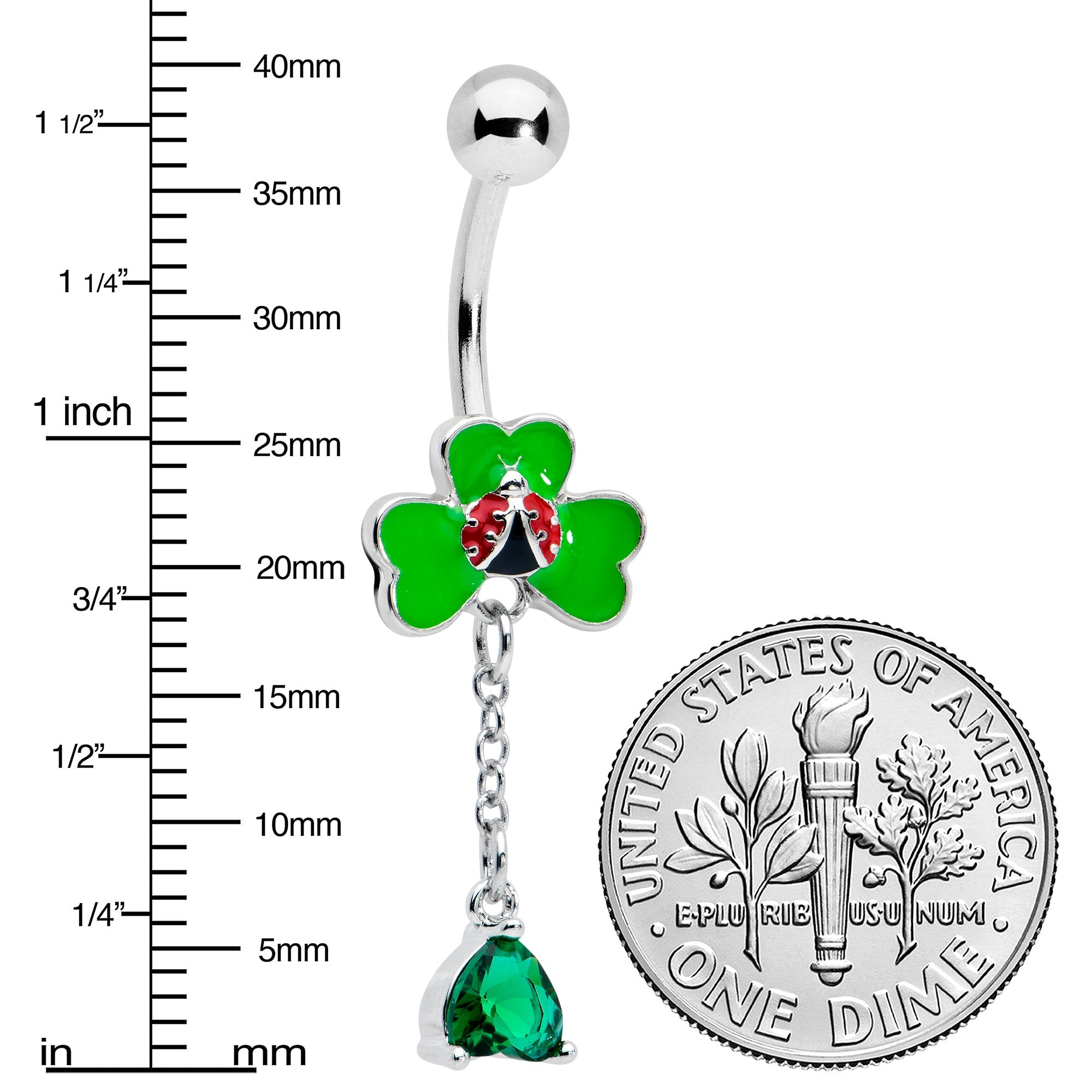 Green Gem Shamrock Ladybug St Patricks Dangle Belly Ring