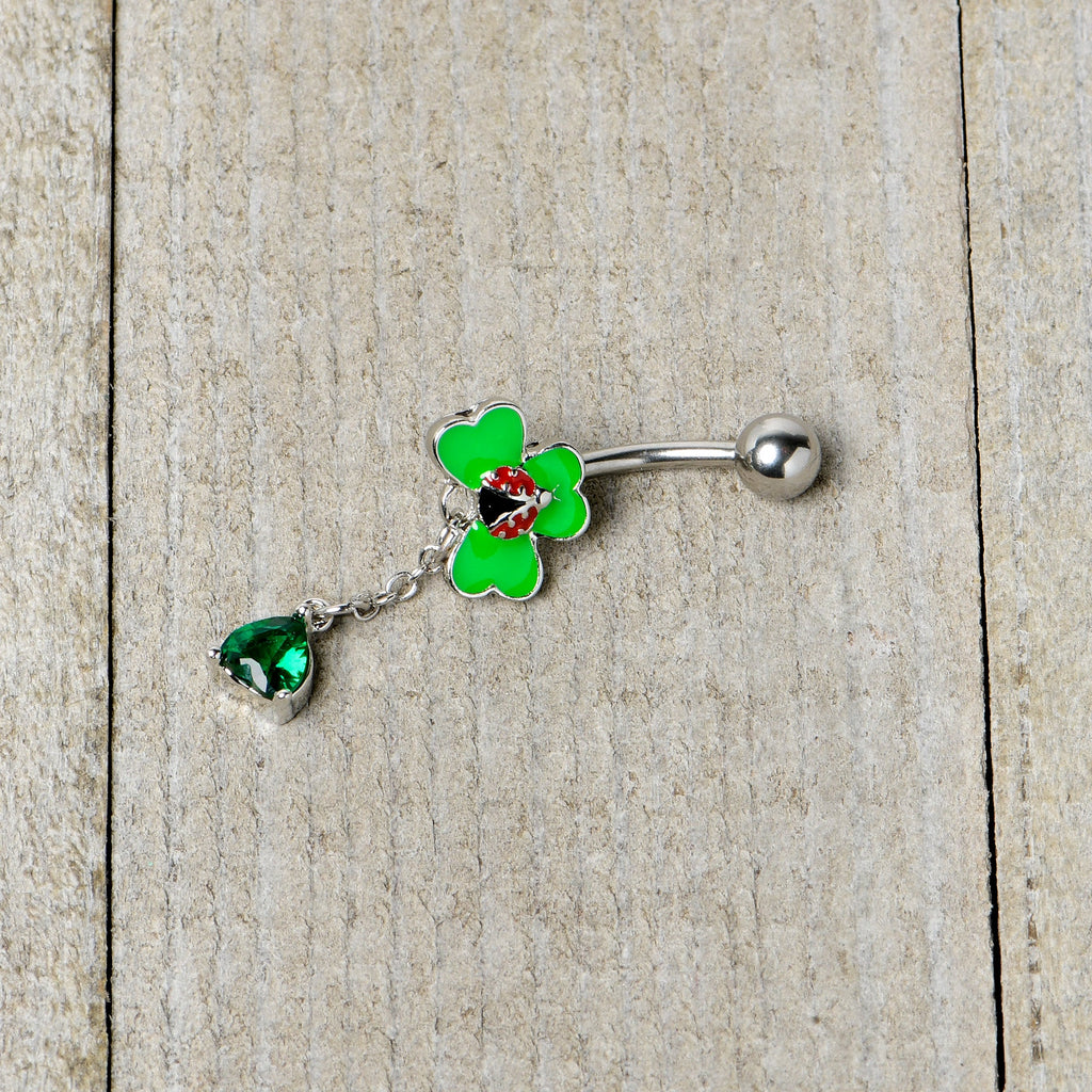Green Gem Shamrock Ladybug St Patricks Dangle Belly Ring