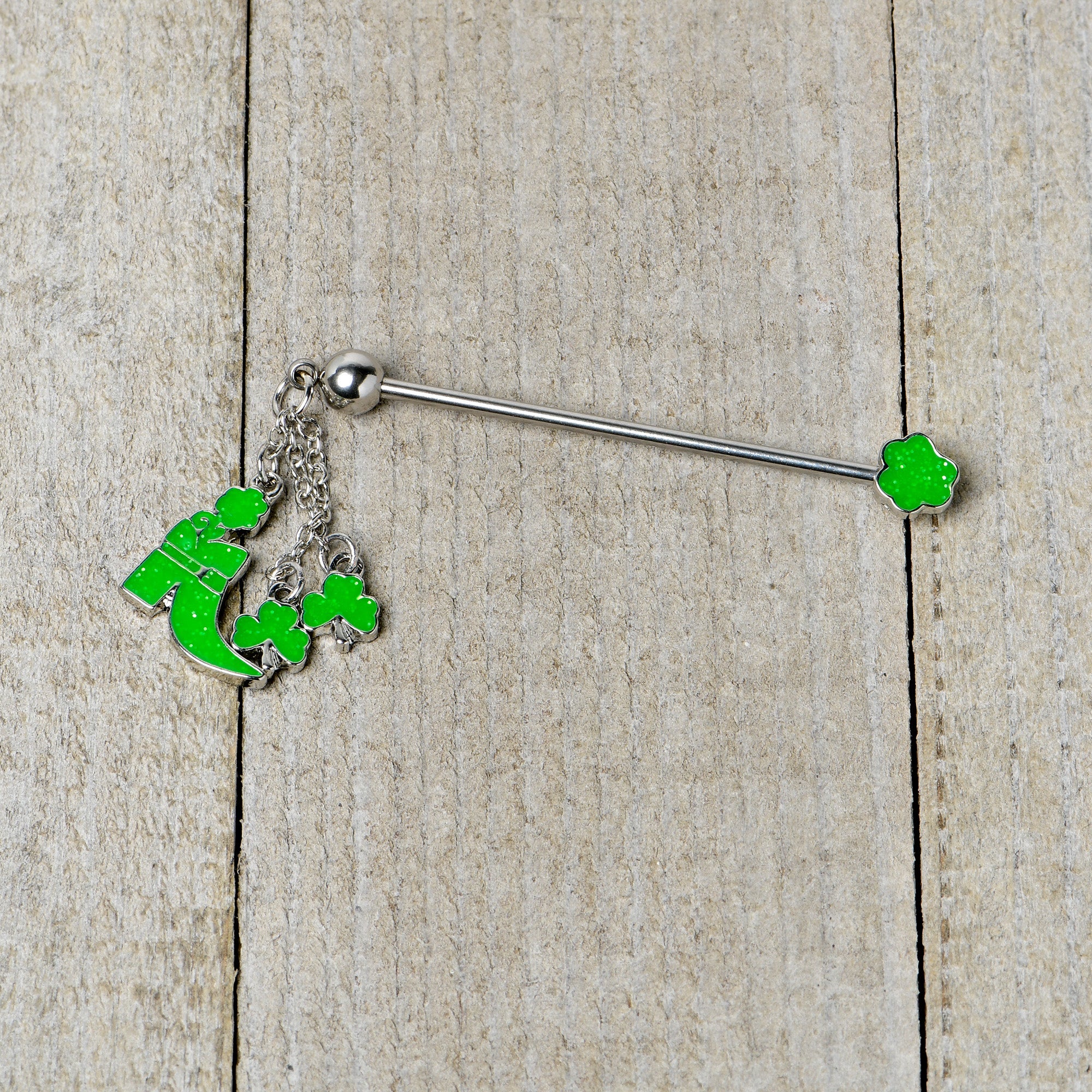 14G Glow in Dark Leprechaun Boot Dangle Industrial Barbell 38mm