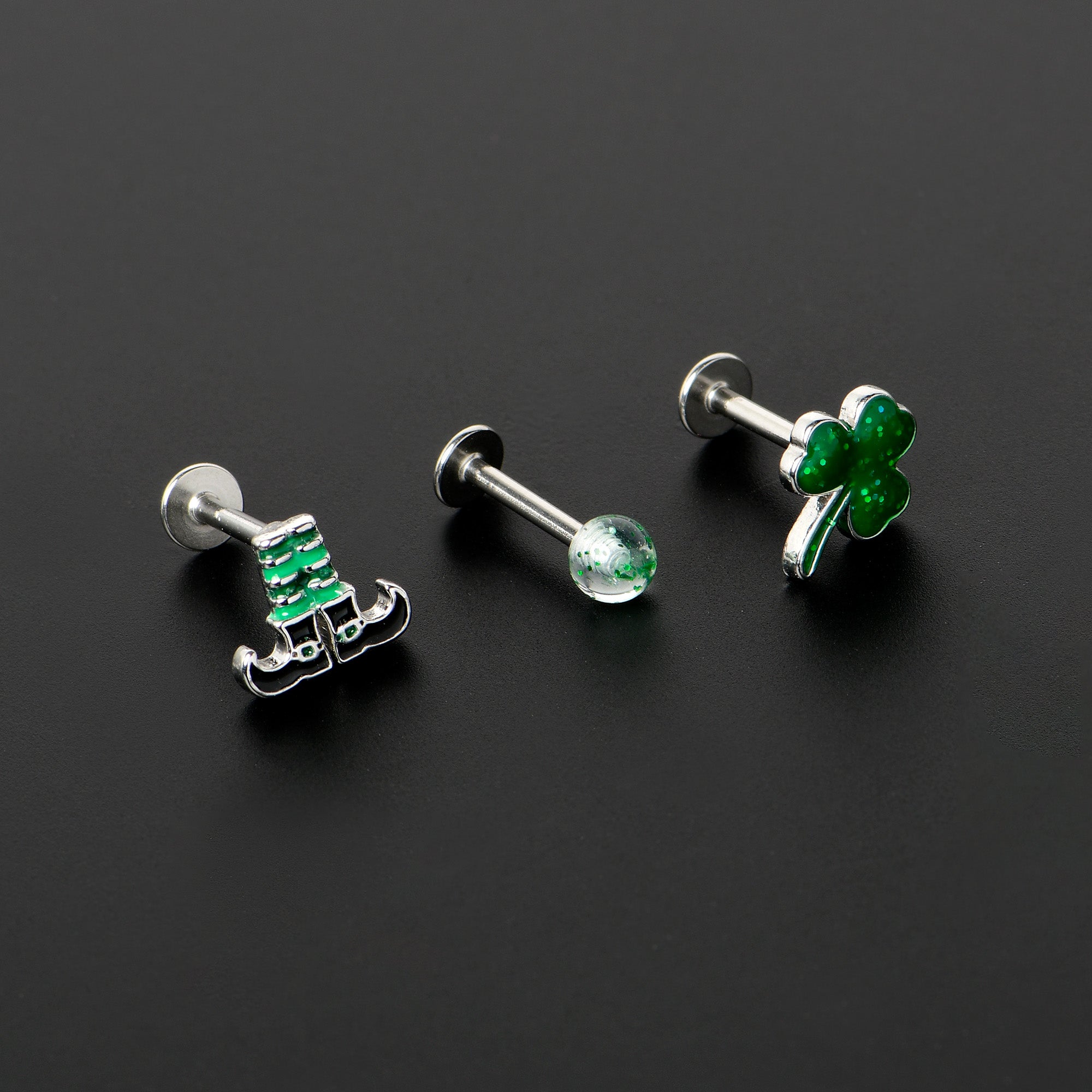 16G 1/4 Leprechaun Legs Shamrock UV Glow Labret Set of 3