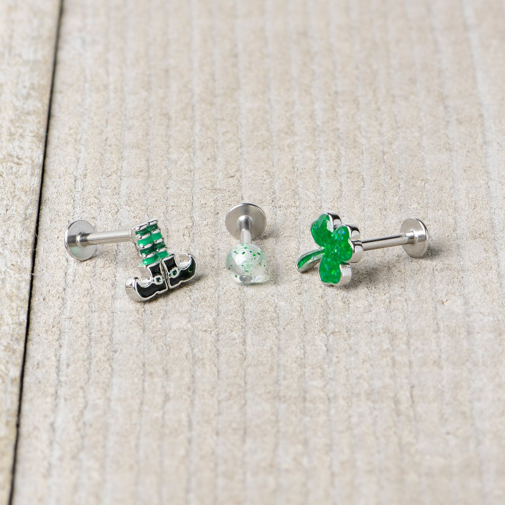 16G 1/4 Leprechaun Legs Shamrock UV Glow Labret Set of 3