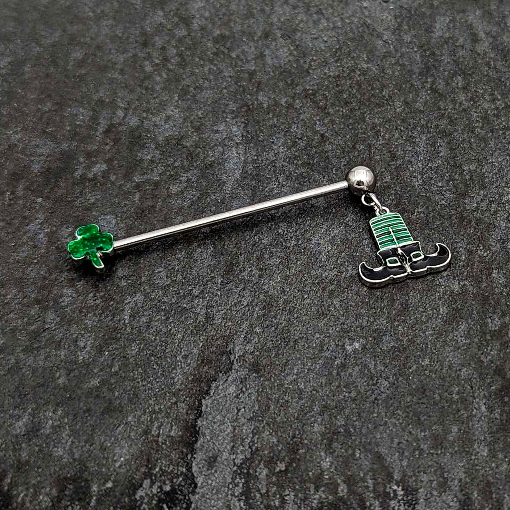 14G Leprechaun Legs Shamrock Dangle Industrial Barbell 38mm